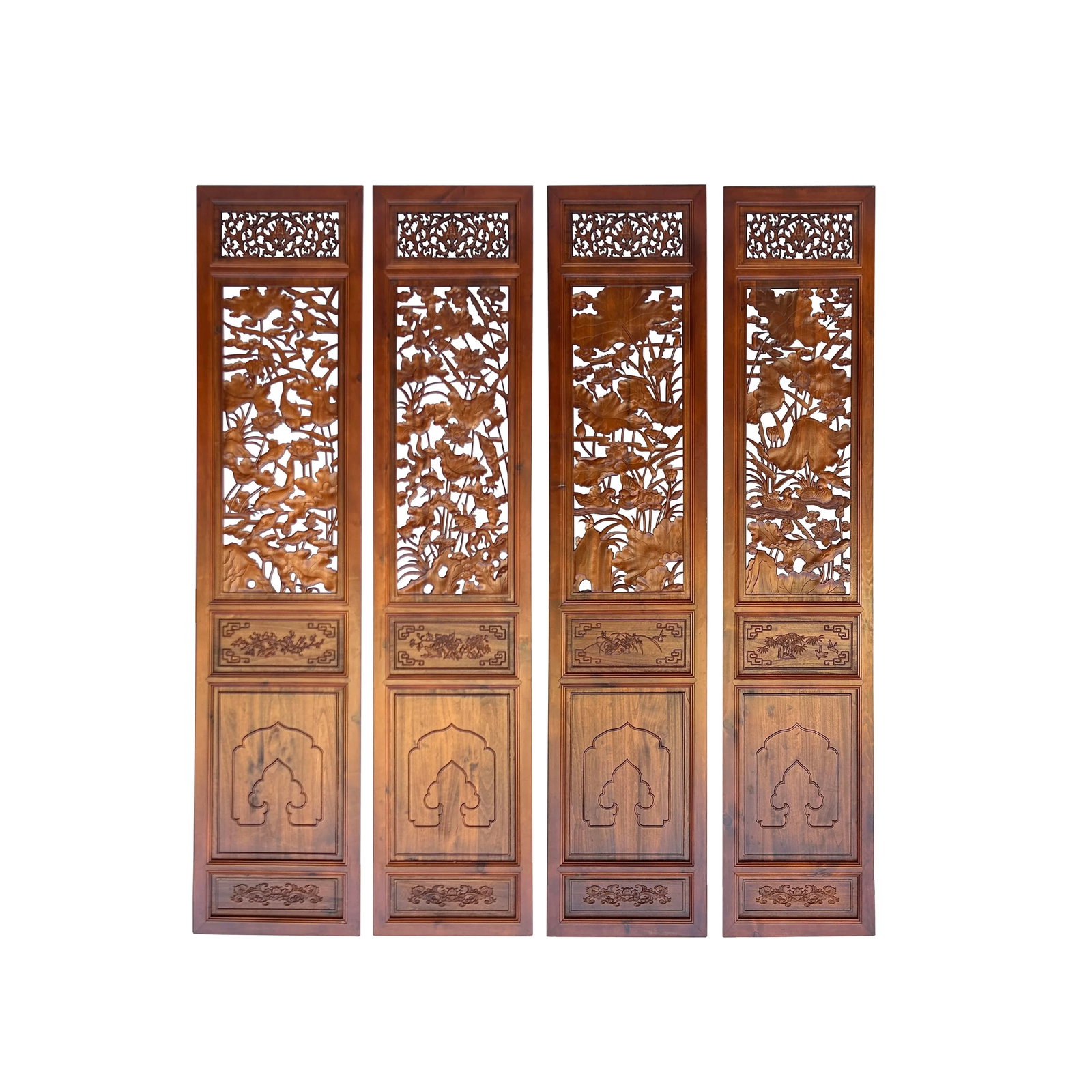 4 Pcs Chinese Brown Stain Lotus Pond Ducks Fishes Wood Panel Floor Screen - 4