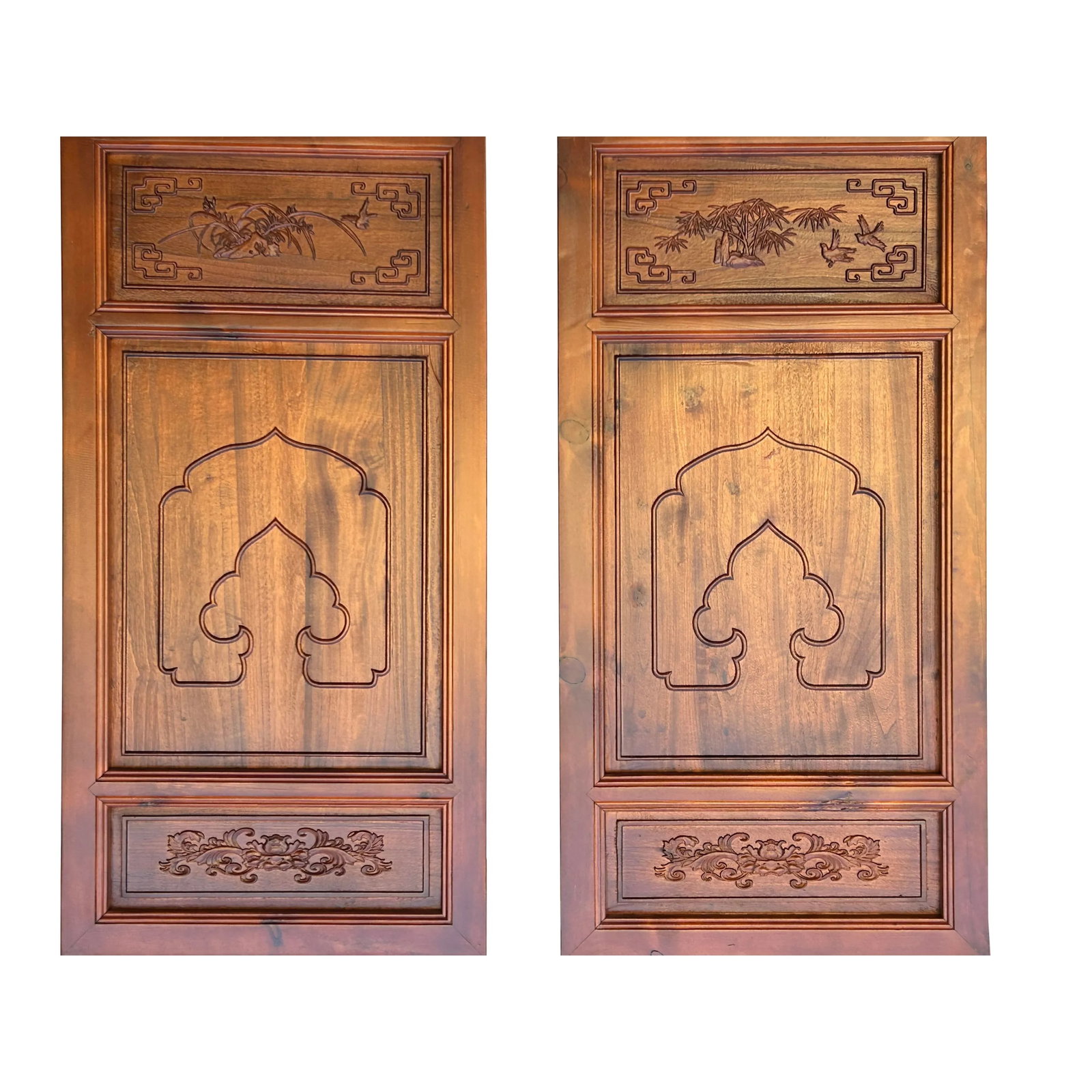 4 Pcs Chinese Brown Stain Lotus Pond Ducks Fishes Wood Panel Floor Screen - 5
