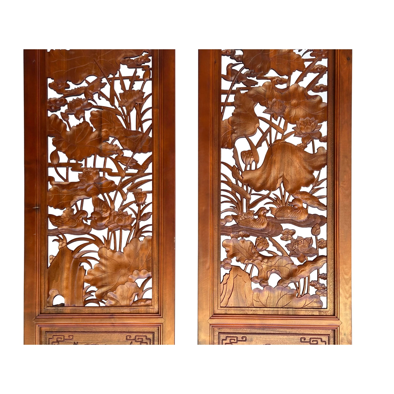 4 Pcs Chinese Brown Stain Lotus Pond Ducks Fishes Wood Panel Floor Screen - 6