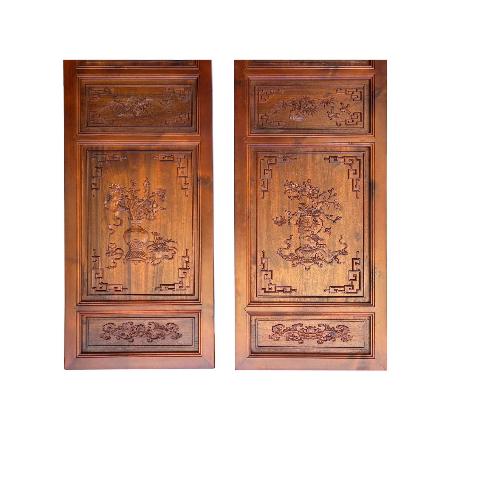 4 Pcs Chinese Brown Stain Lotus Pond Ducks Fishes Wood Panel Floor Screen - 7