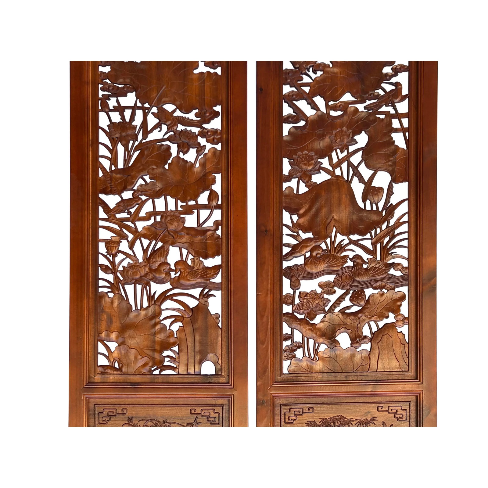 4 Pcs Chinese Brown Stain Lotus Pond Ducks Fishes Wood Panel Floor Screen - 8