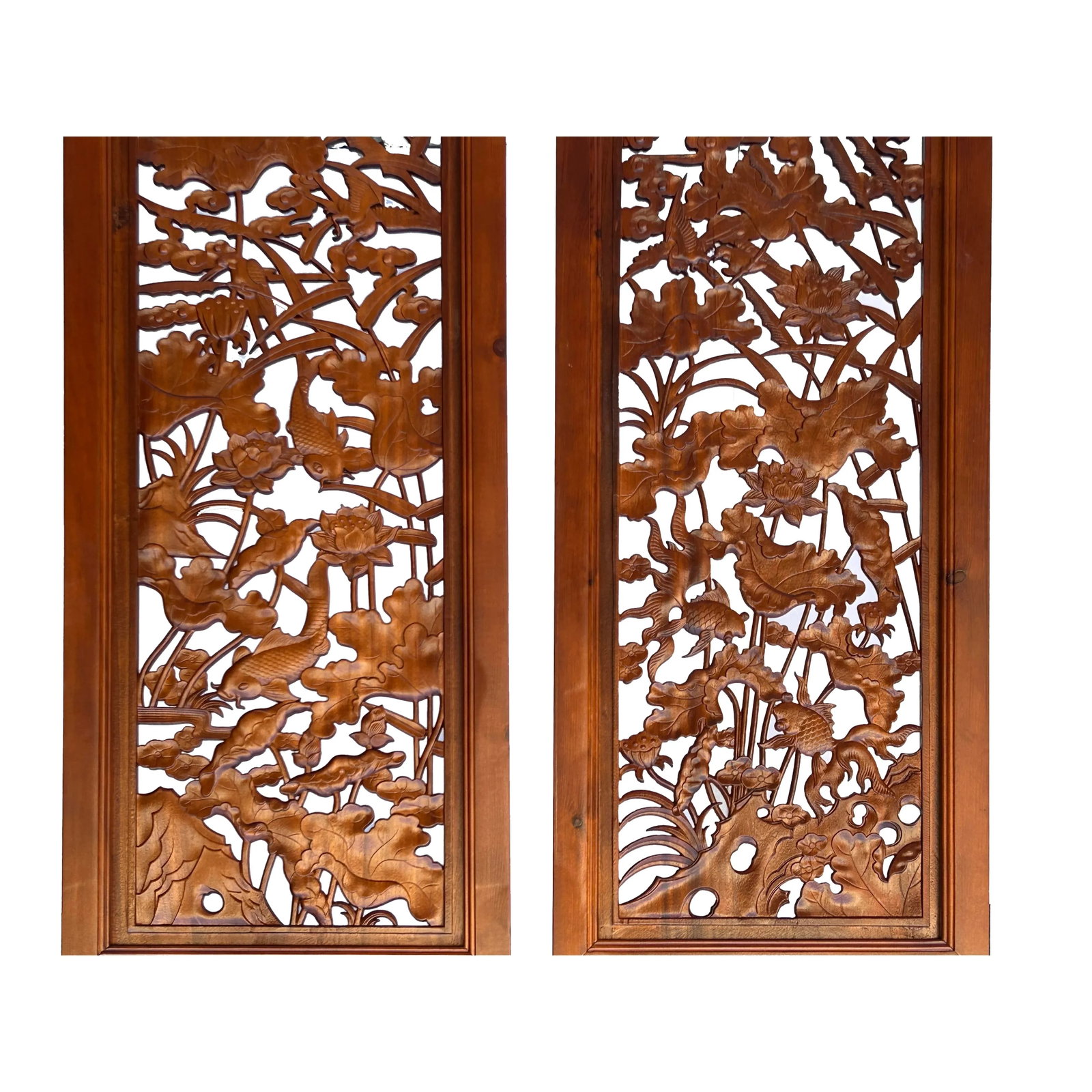 4 Pcs Chinese Brown Stain Lotus Pond Ducks Fishes Wood Panel Floor Screen - 9