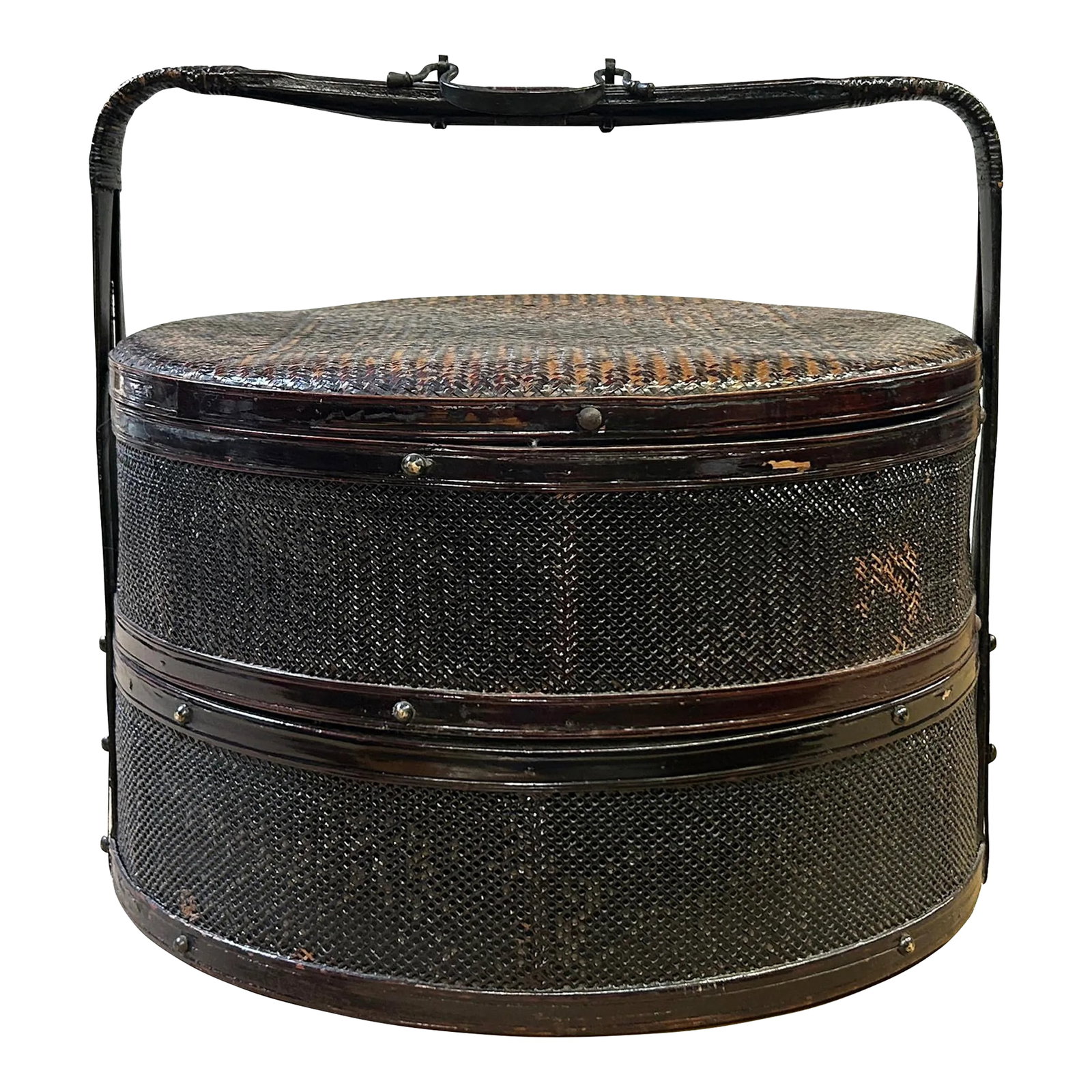 Large Vintage Oriental Handmade Brown Rattan Stack Basket With Handle: This is a traditional oriental rattan basket with an ancient style motif pattern on the surface. It has a handle and a nice brown color with a wear-out patina. Dimensions: Body Dia 17" x h16.5"