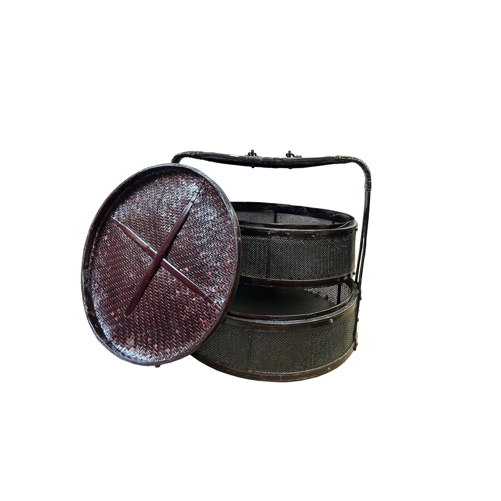 Large Vintage Oriental Handmade Brown Rattan Stack Basket With Handle - 5