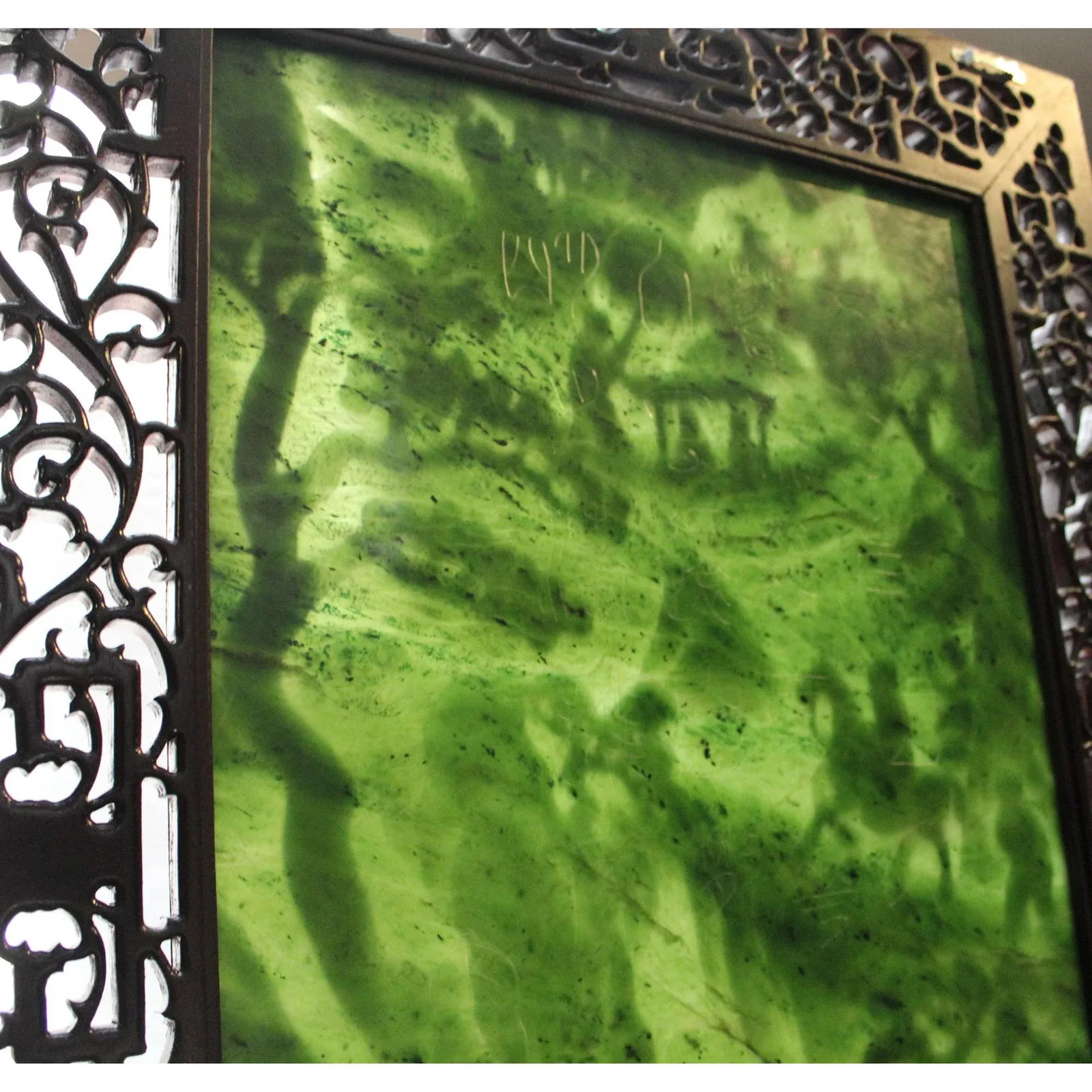 Chinese Vintage Spinach Green Stone Scenery Carving Table Top Wall Panel Display - 11