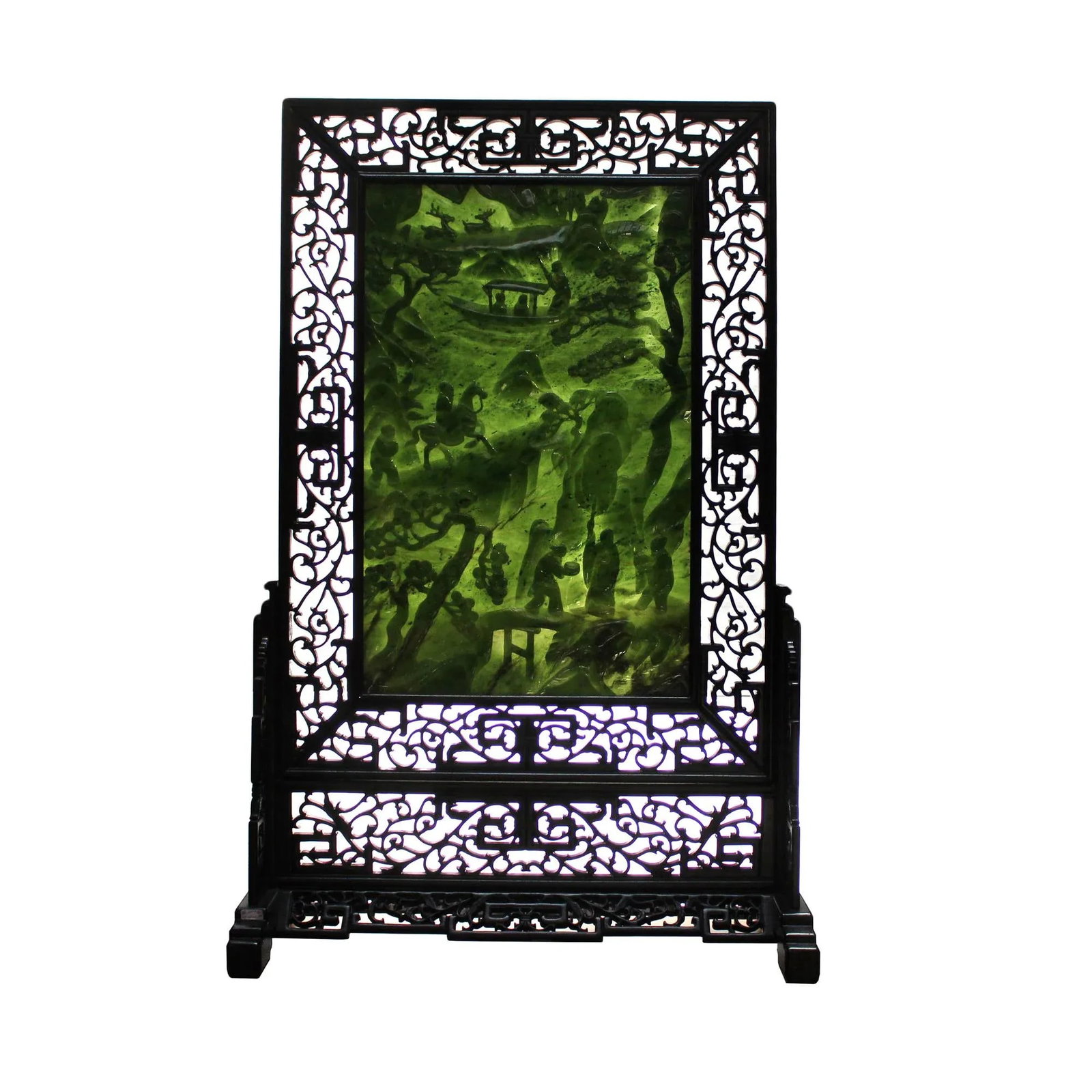 Chinese Vintage Spinach Green Stone Scenery Carving Table Top Wall Panel Display - 13