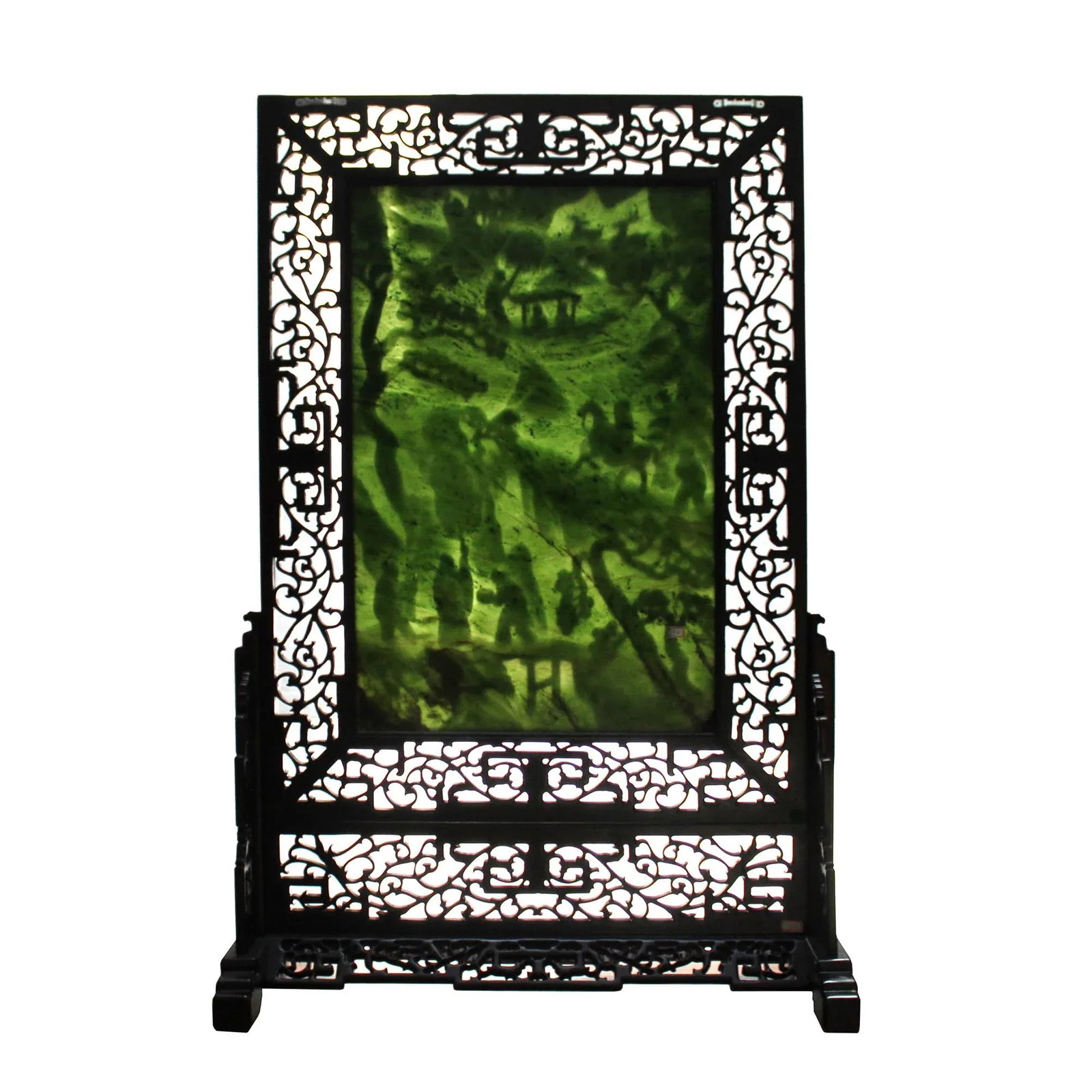 Chinese Vintage Spinach Green Stone Scenery Carving Table Top Wall Panel Display - 2