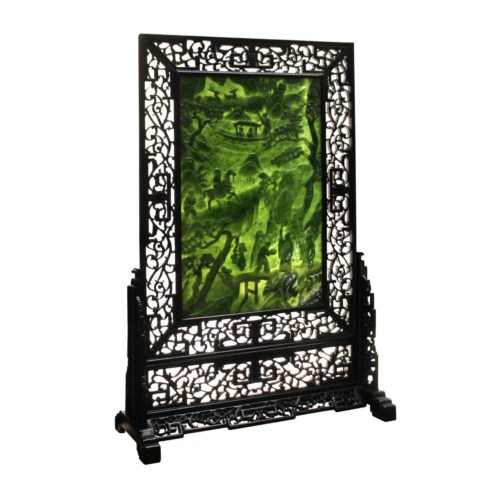 Chinese Vintage Spinach Green Stone Scenery Carving Table Top Wall Panel Display - 3