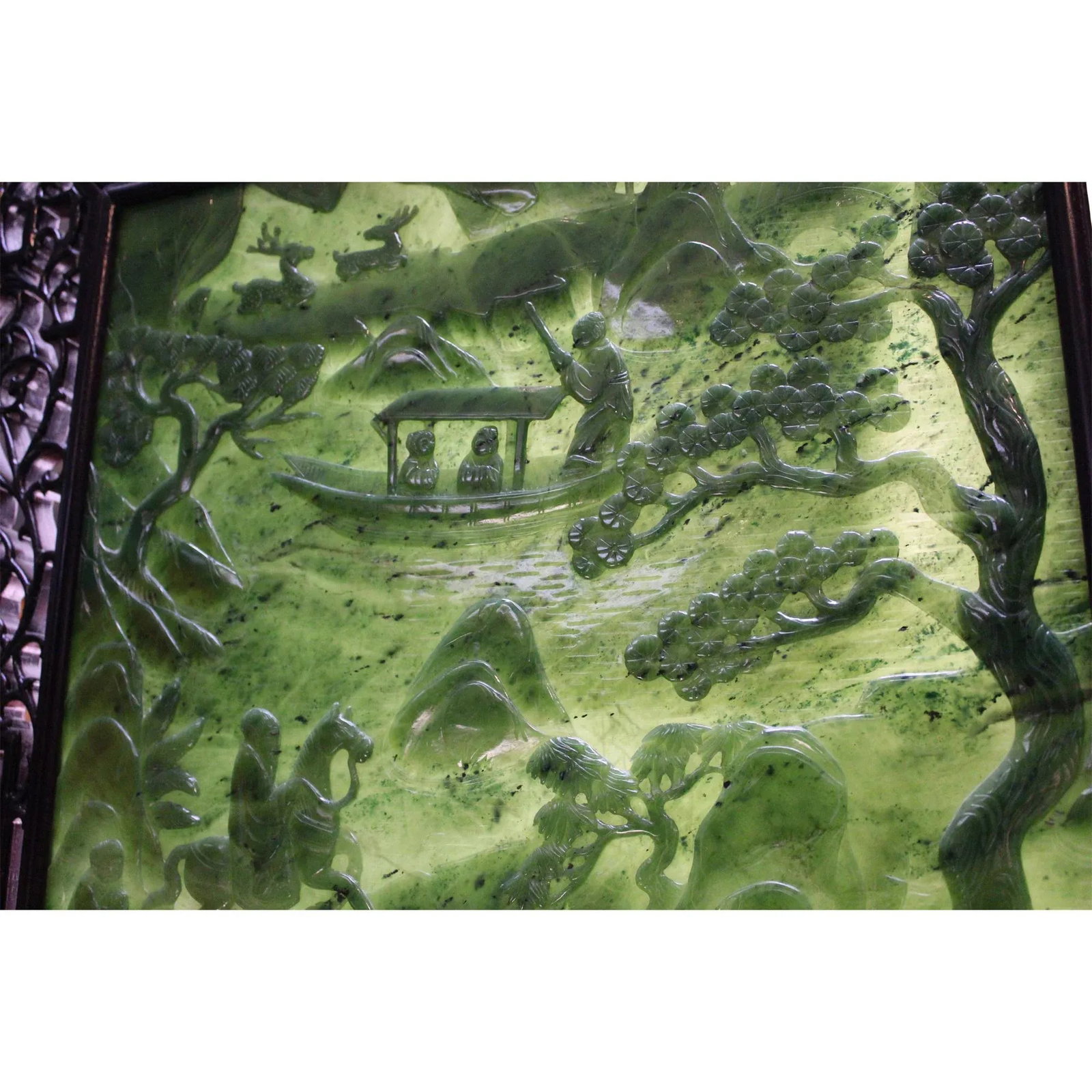 Chinese Vintage Spinach Green Stone Scenery Carving Table Top Wall Panel Display - 5