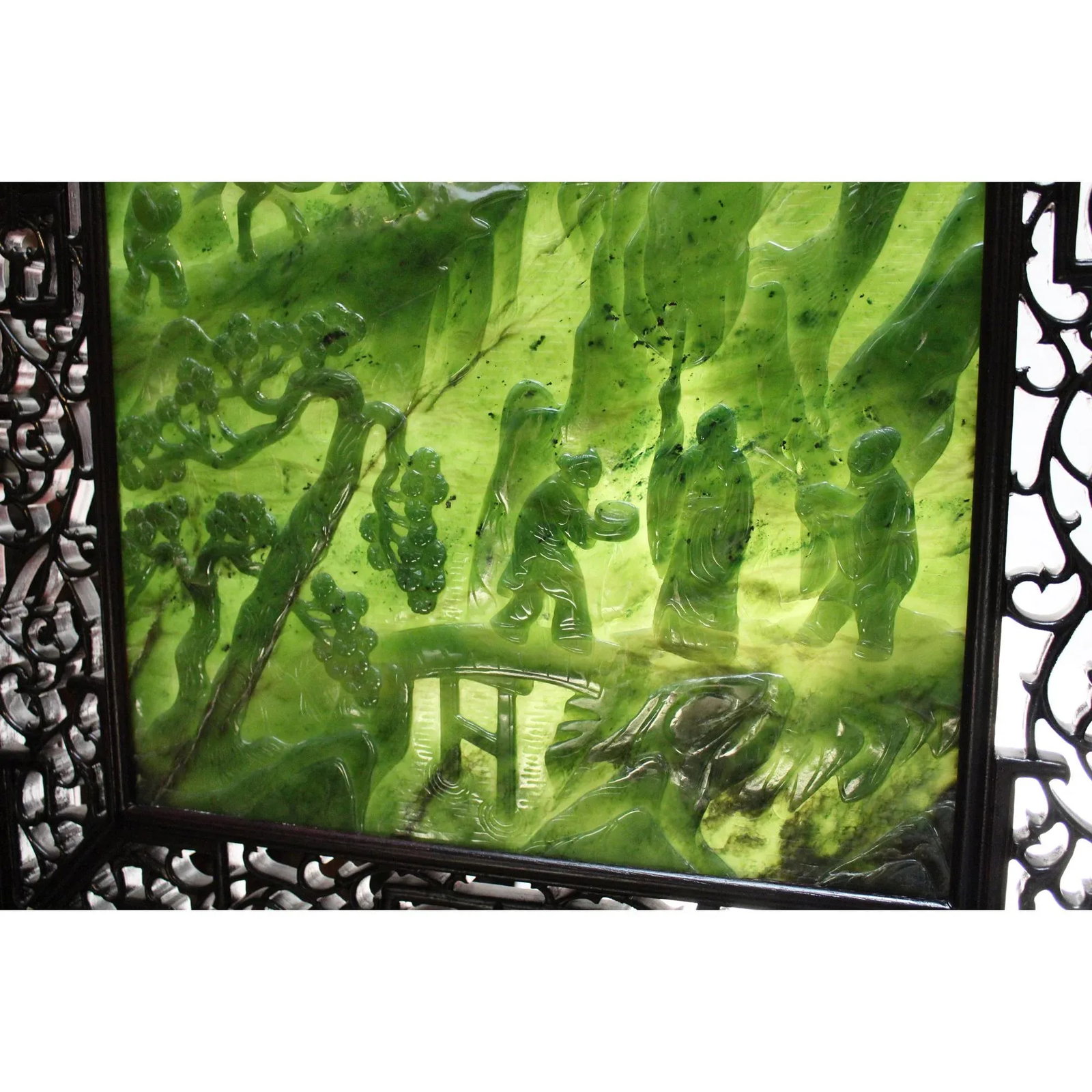 Chinese Vintage Spinach Green Stone Scenery Carving Table Top Wall Panel Display - 6