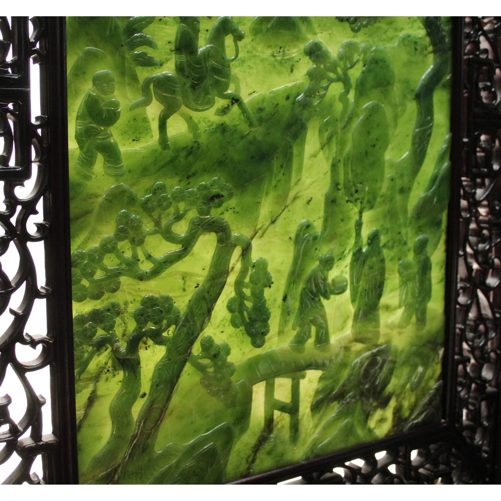 Chinese Vintage Spinach Green Stone Scenery Carving Table Top Wall Panel Display - 8