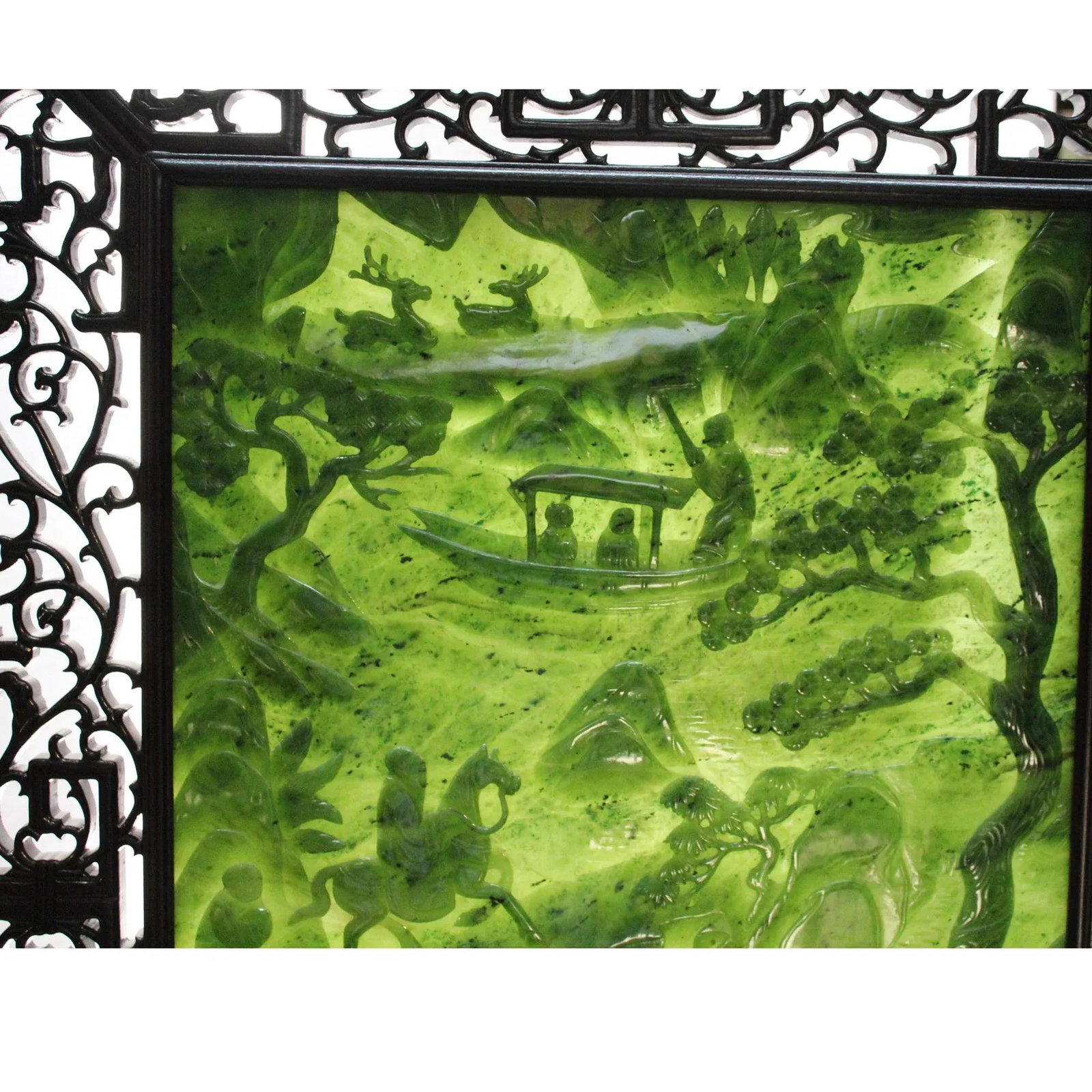 Chinese Vintage Spinach Green Stone Scenery Carving Table Top Wall Panel Display - 9