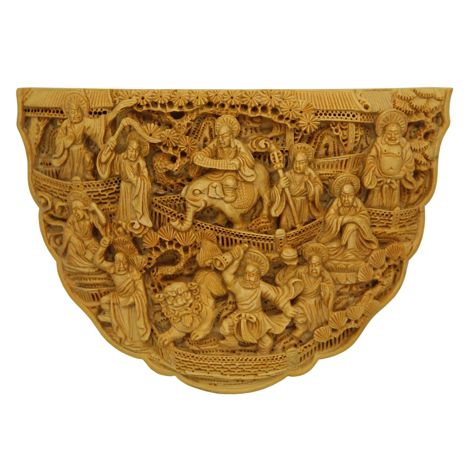Carved Bamboo Birdcage Base Panel With Eighteen Arhats (Lohan), Lion and Elephant: This one of the kind of high-quality birdcage base was carved by an old master in China around 30+ years ago, the material used is bamboo and the figures carved is the Eighteen Arhats (Lohan). It's
