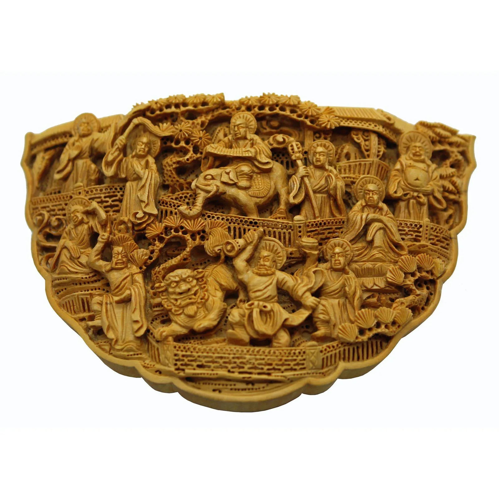 Carved Bamboo Birdcage Base Panel With Eighteen Arhats (Lohan), Lion and Elephant - 2