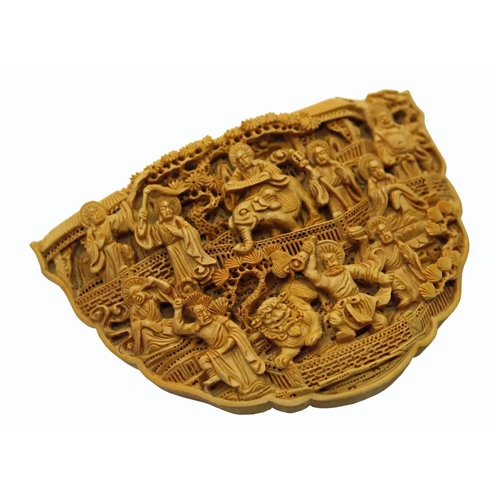 Carved Bamboo Birdcage Base Panel With Eighteen Arhats (Lohan), Lion and Elephant - 3