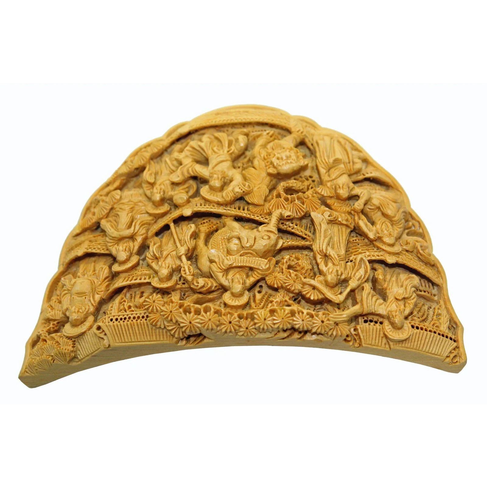 Carved Bamboo Birdcage Base Panel With Eighteen Arhats (Lohan), Lion and Elephant - 4