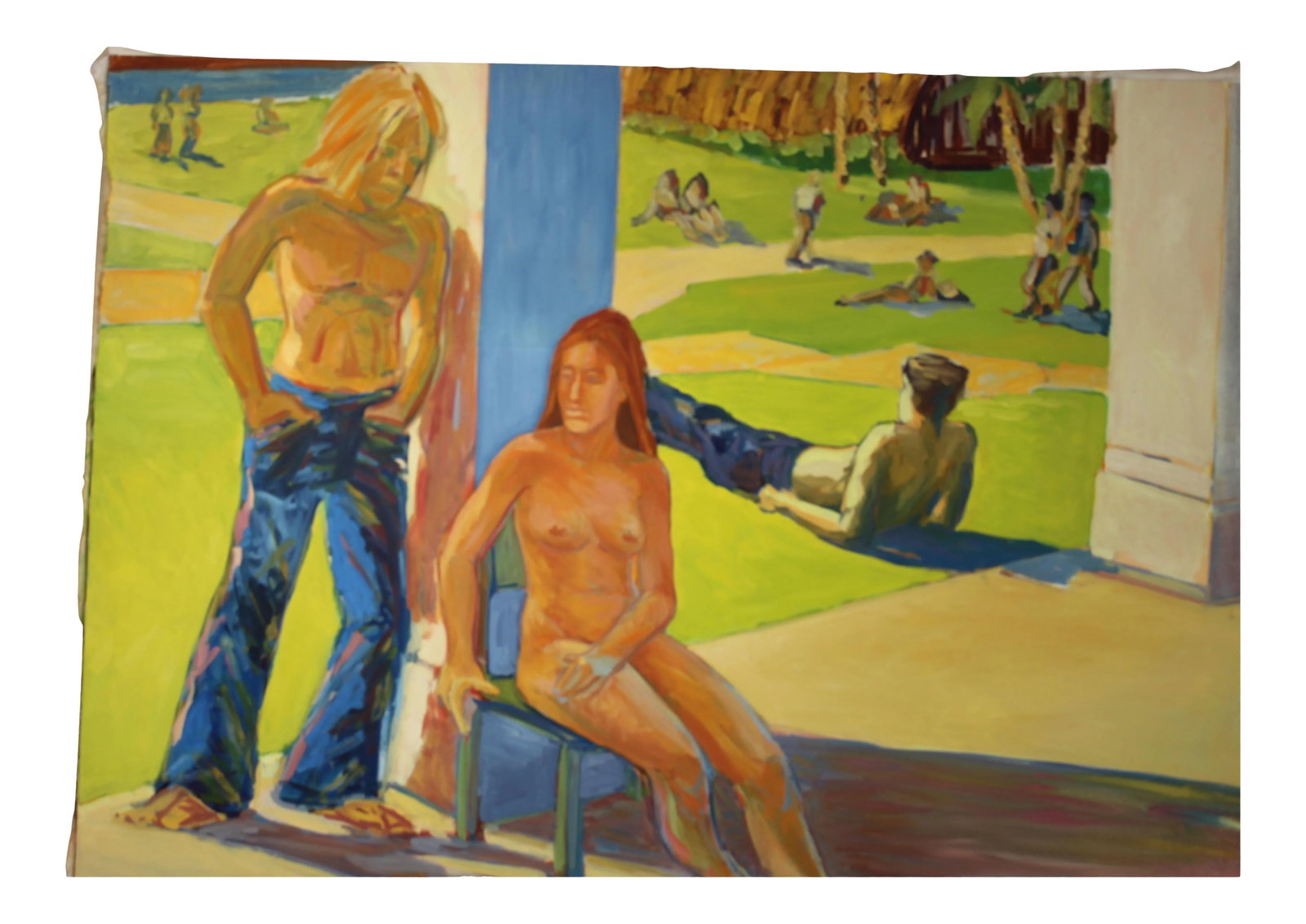 1970's "Theater Park" Scene Oil Painting on Canvas by Drew Bandish: 1970's Drew Bandish Painting of a Park Scene. Stylized Figurative Oil on Canvas "Theater Park" 59.5"w x 48"h x 2"d 1st place winner of the 2nd Annual Plein Air Exhibition at the San Diego Watercolor