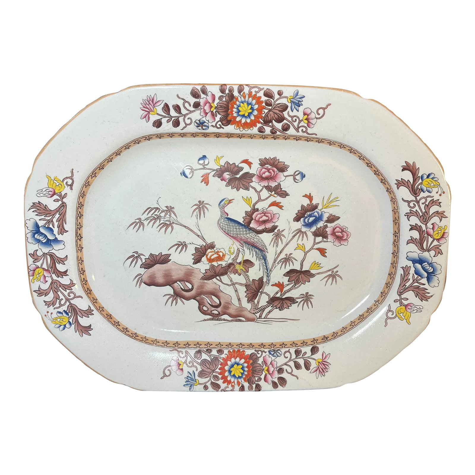 Antique Wedgwood Stone China Platter: Wedgwood Chinoiserie Style Stone China Plate. Wedgwood's "Stone China" was made to compete with Mason's Ironstone, but didn't achieve the popularity of the Ironstone wares so pieces are somewhat rare.