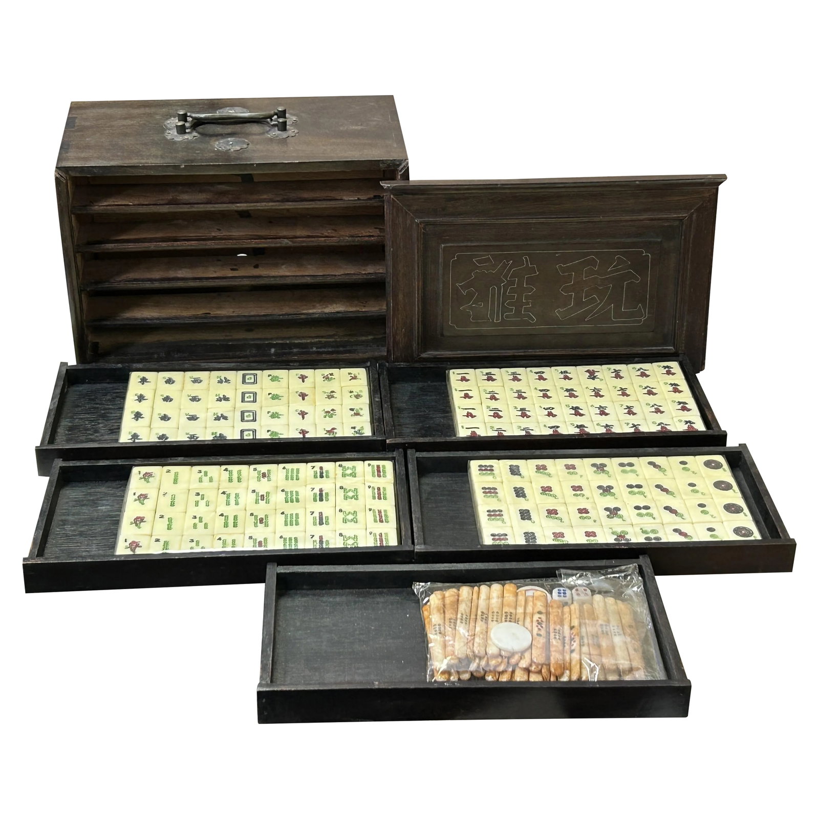 Chinese Mahjong Tiles Set W Characters Inlay Drawers Box Chest (1 of 10)