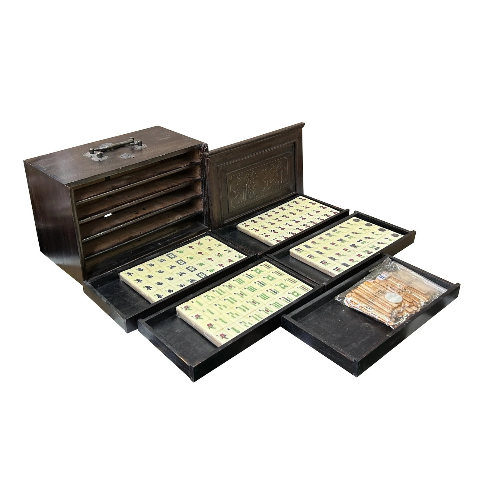 Chinese Mahjong Tiles Set W Characters Inlay Drawers Box Chest - 4