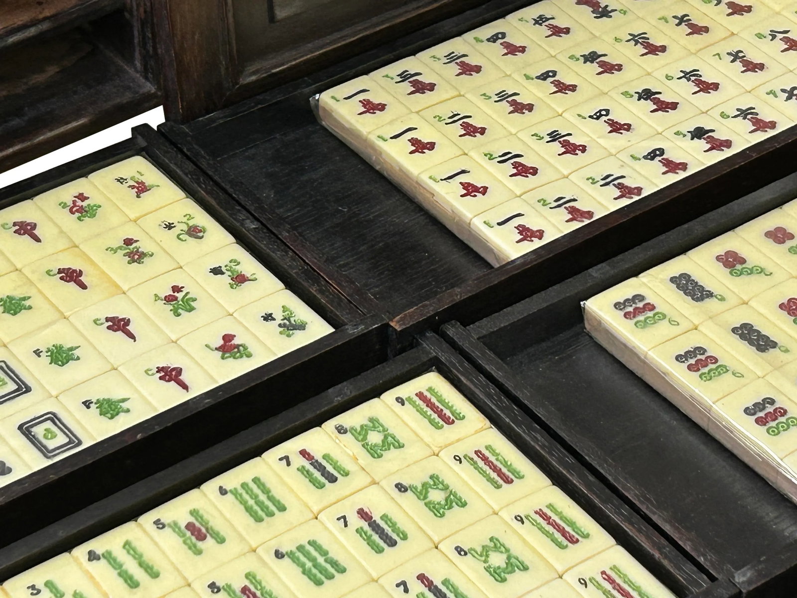Chinese Mahjong Tiles Set W Characters Inlay Drawers Box Chest - 8