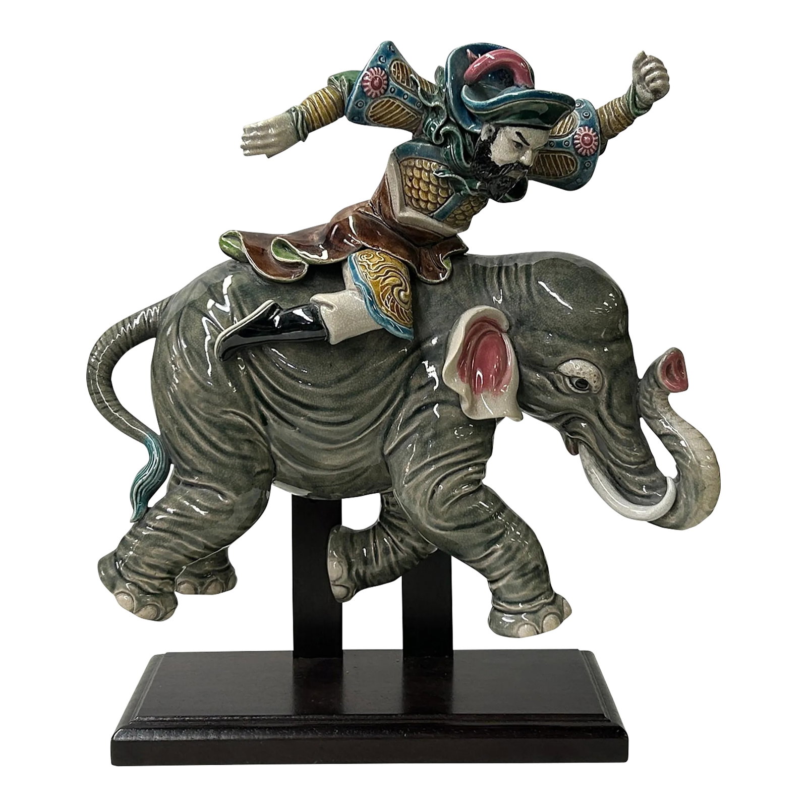 Chinese Vintage Color Ceramic Warrior Riding Elephant Figure Display Art: This striking art piece is a vintage Chinese ceramic figure, originally designed as a roof tile, featuring a warrior in a dynamic pose, riding on the elephant. The figure is a remarkable