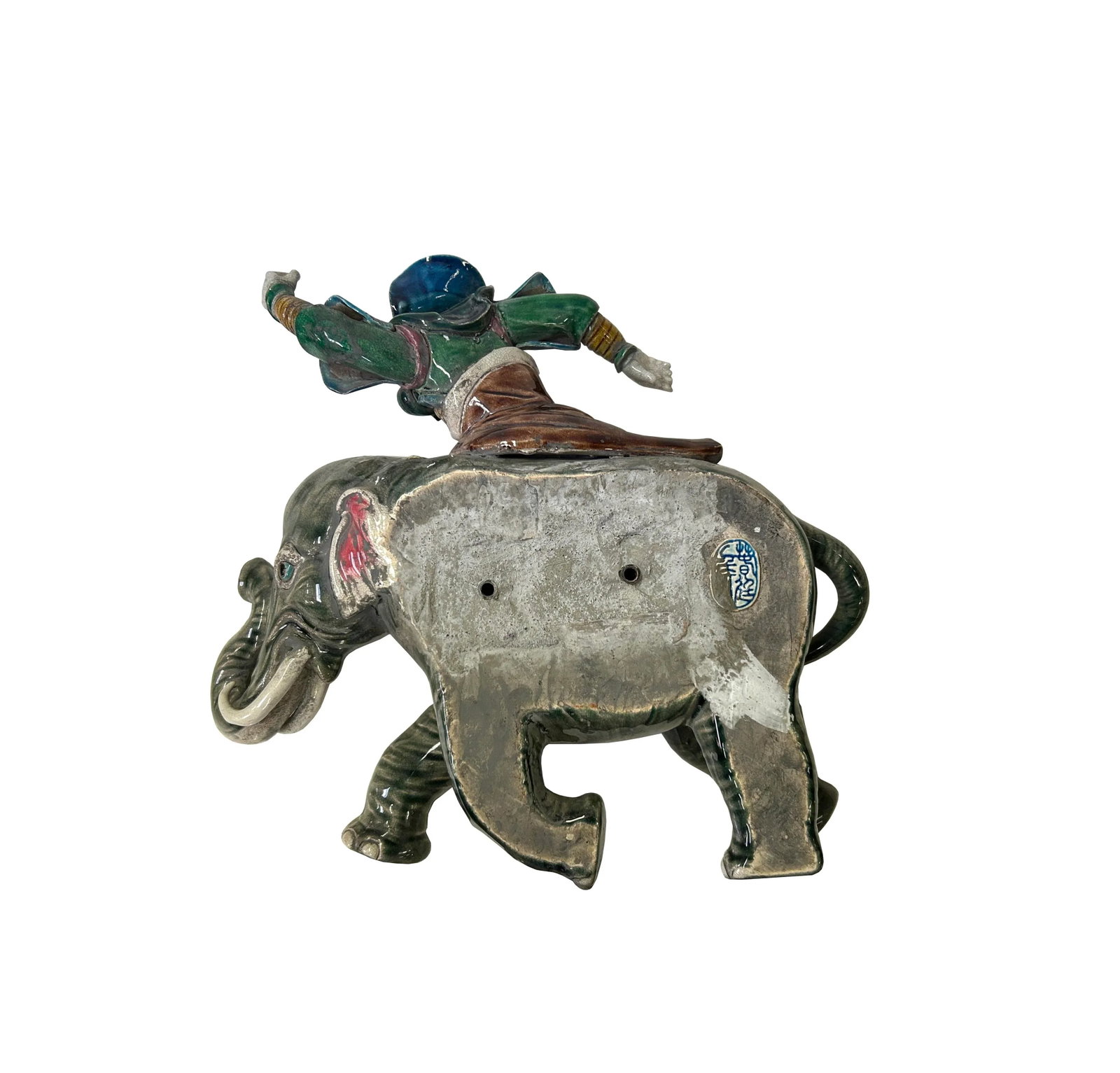 Chinese Vintage Color Ceramic Warrior Riding Elephant Figure Display Art - 3