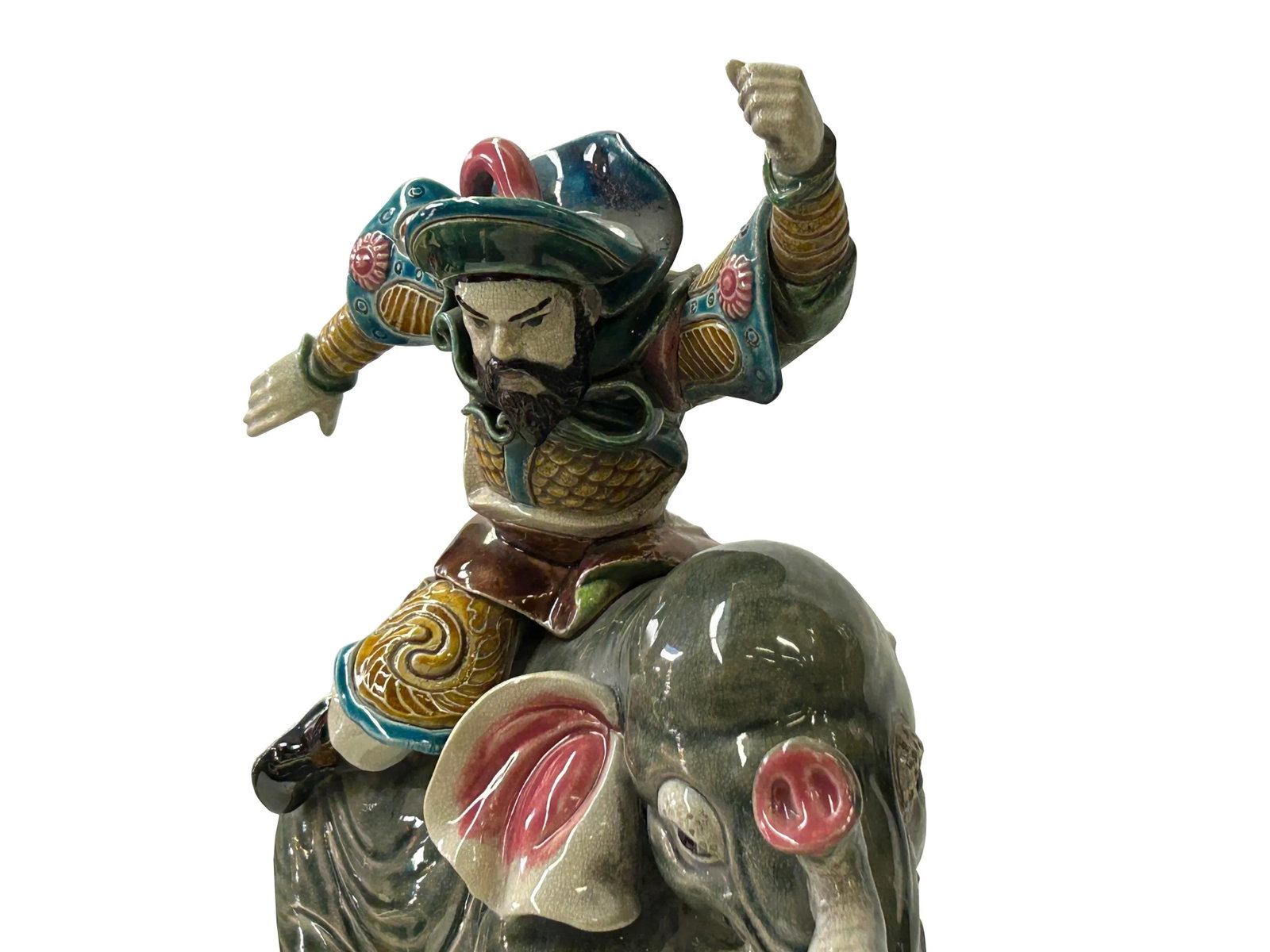 Chinese Vintage Color Ceramic Warrior Riding Elephant Figure Display Art - 8