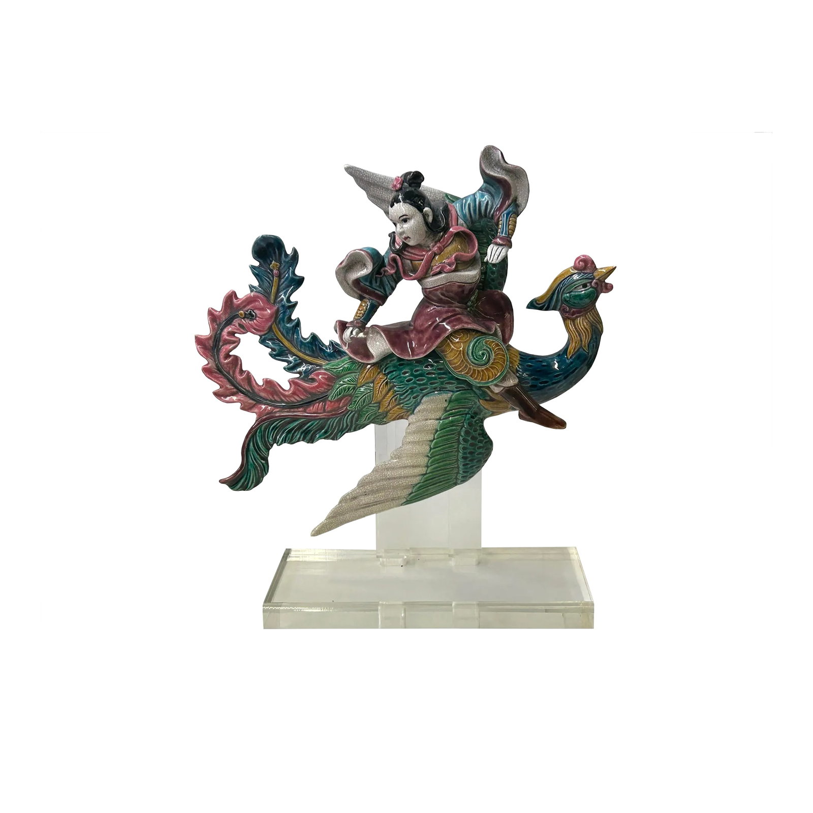 Chinese Vintage Color Ceramic Warrior Riding Phoenix Figure Display Art: Imagine a Chinese vintage color ceramic warrior riding a phoenix figure, a captivating depiction that blends mythological symbolism with artistic finesse. This ceramic artwork exudes a vibrant