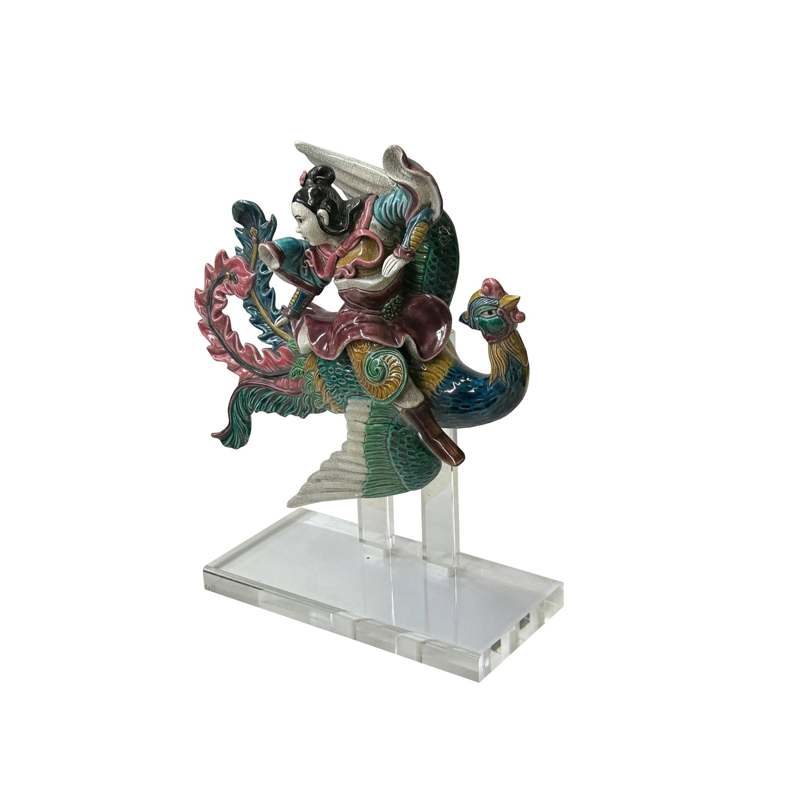 Chinese Vintage Color Ceramic Warrior Riding Phoenix Figure Display Art - 2