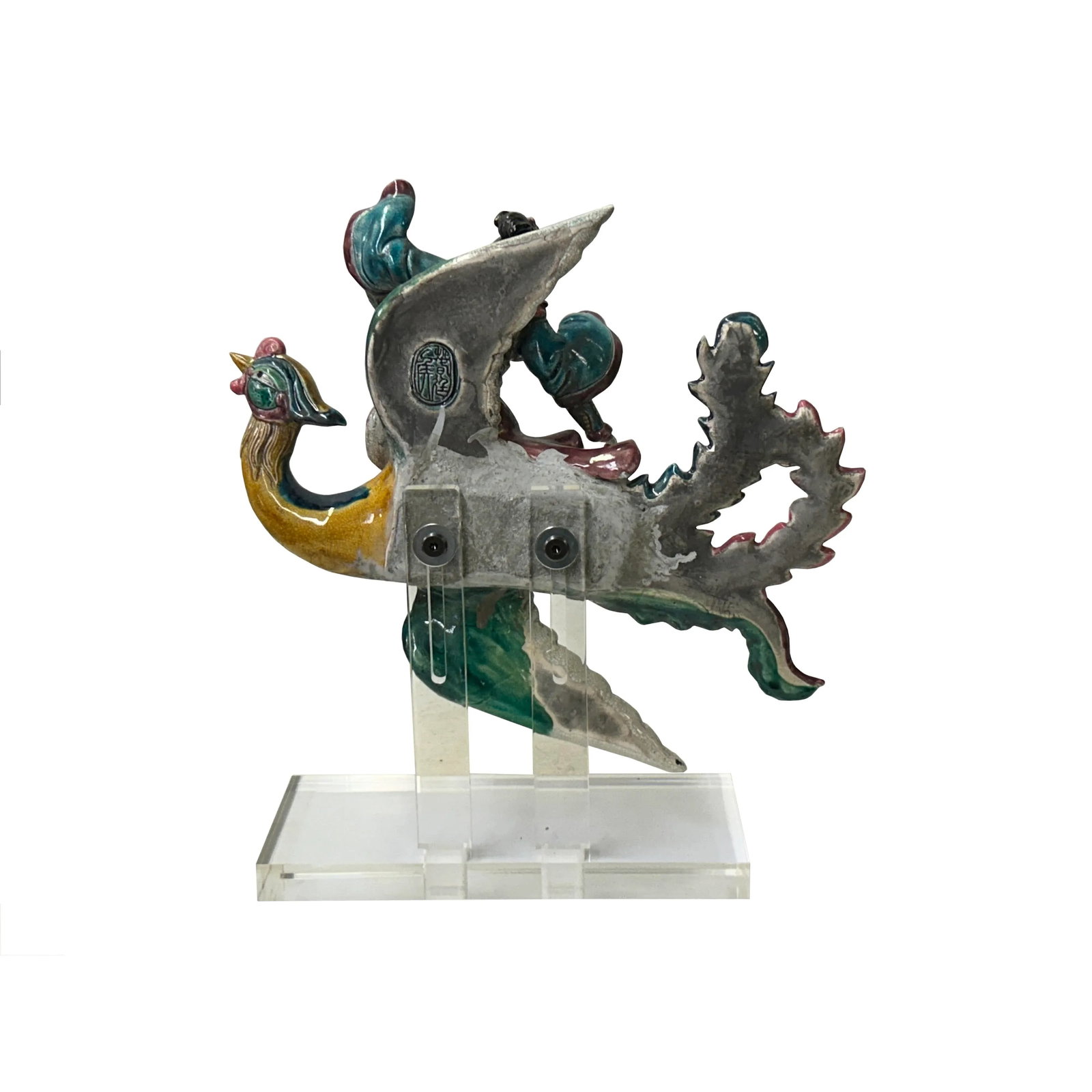Chinese Vintage Color Ceramic Warrior Riding Phoenix Figure Display Art - 3
