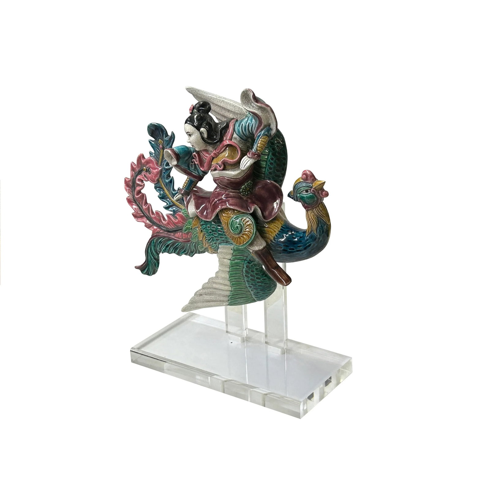 Chinese Vintage Color Ceramic Warrior Riding Phoenix Figure Display Art - 4