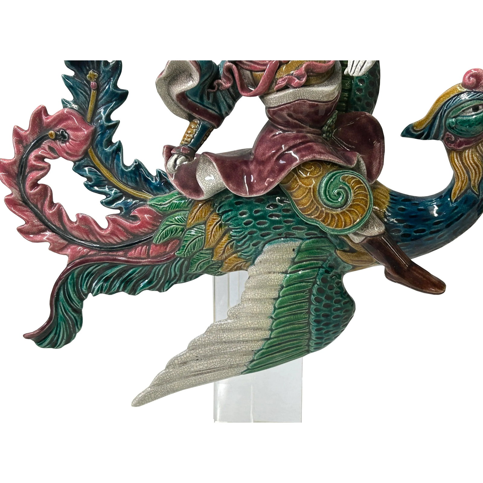 Chinese Vintage Color Ceramic Warrior Riding Phoenix Figure Display Art - 6
