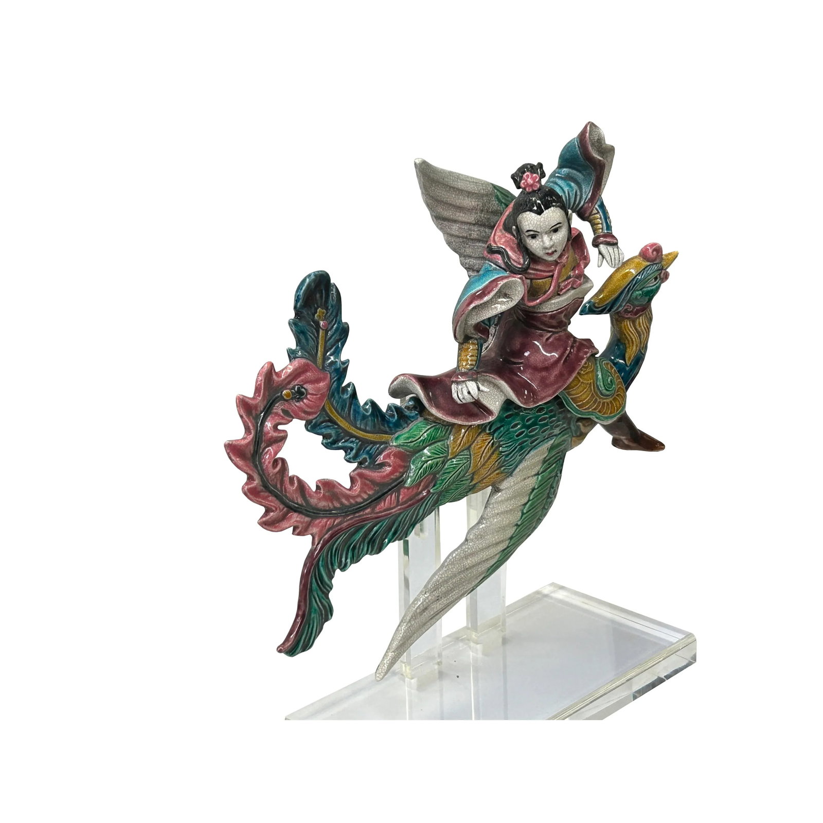 Chinese Vintage Color Ceramic Warrior Riding Phoenix Figure Display Art - 7