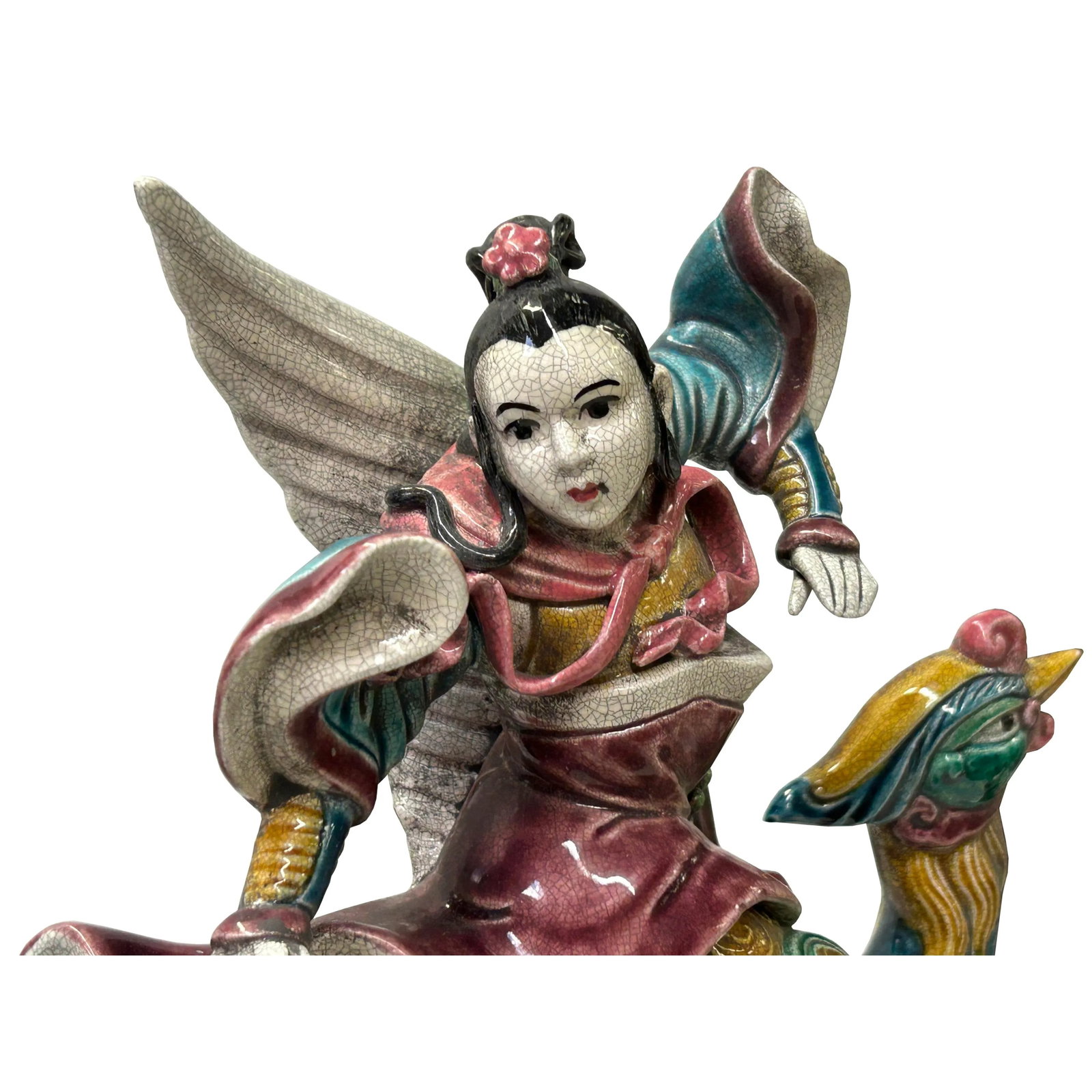 Chinese Vintage Color Ceramic Warrior Riding Phoenix Figure Display Art - 8