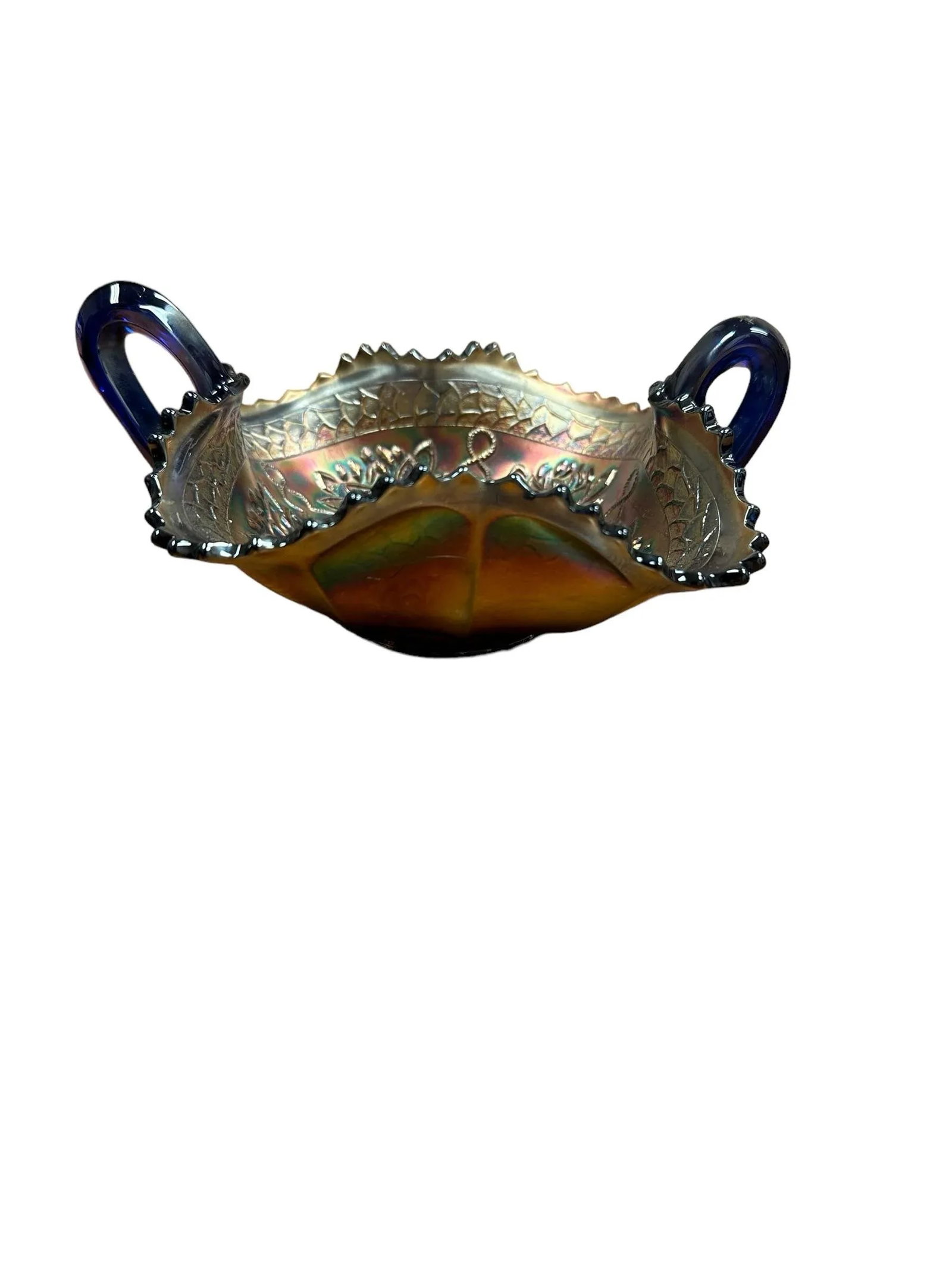 Antique Blue Carnival Fenton Pond Lily Double Handled Card Tray Bon Bon Bowl Early 20th Century - 3