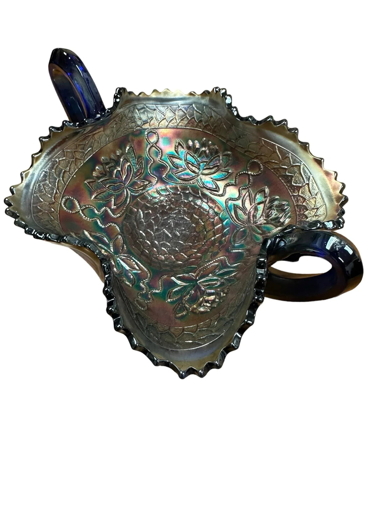 Antique Blue Carnival Fenton Pond Lily Double Handled Card Tray Bon Bon Bowl Early 20th Century - 7