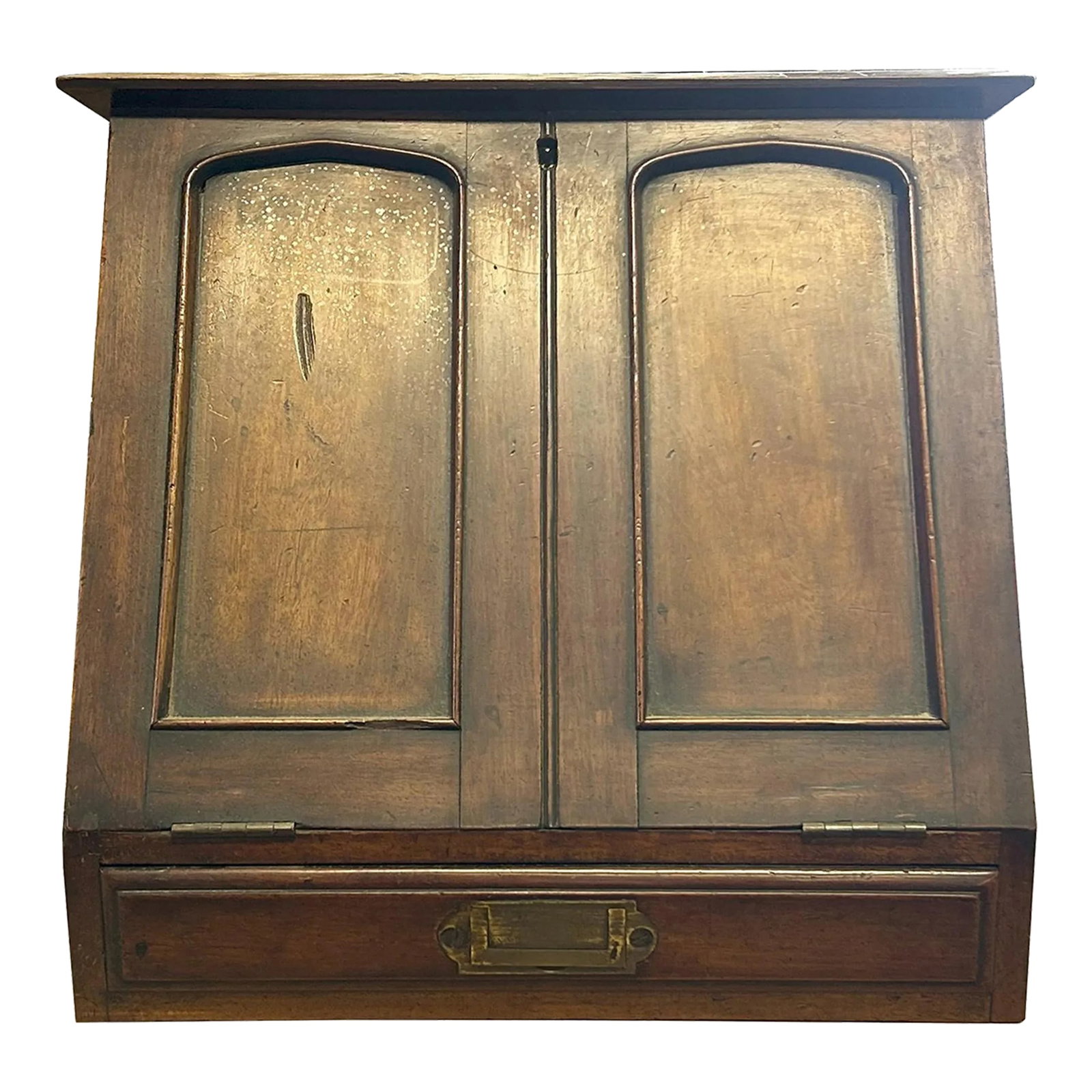 Vintage Distressed Brown Wood Stationary Sloping Door Box Chest: This distinctive box chest combines vintage charm with practical storage. Crafted from solid wood, it features a rich brown finish that has been carefully distressed to create a well-worn, antique