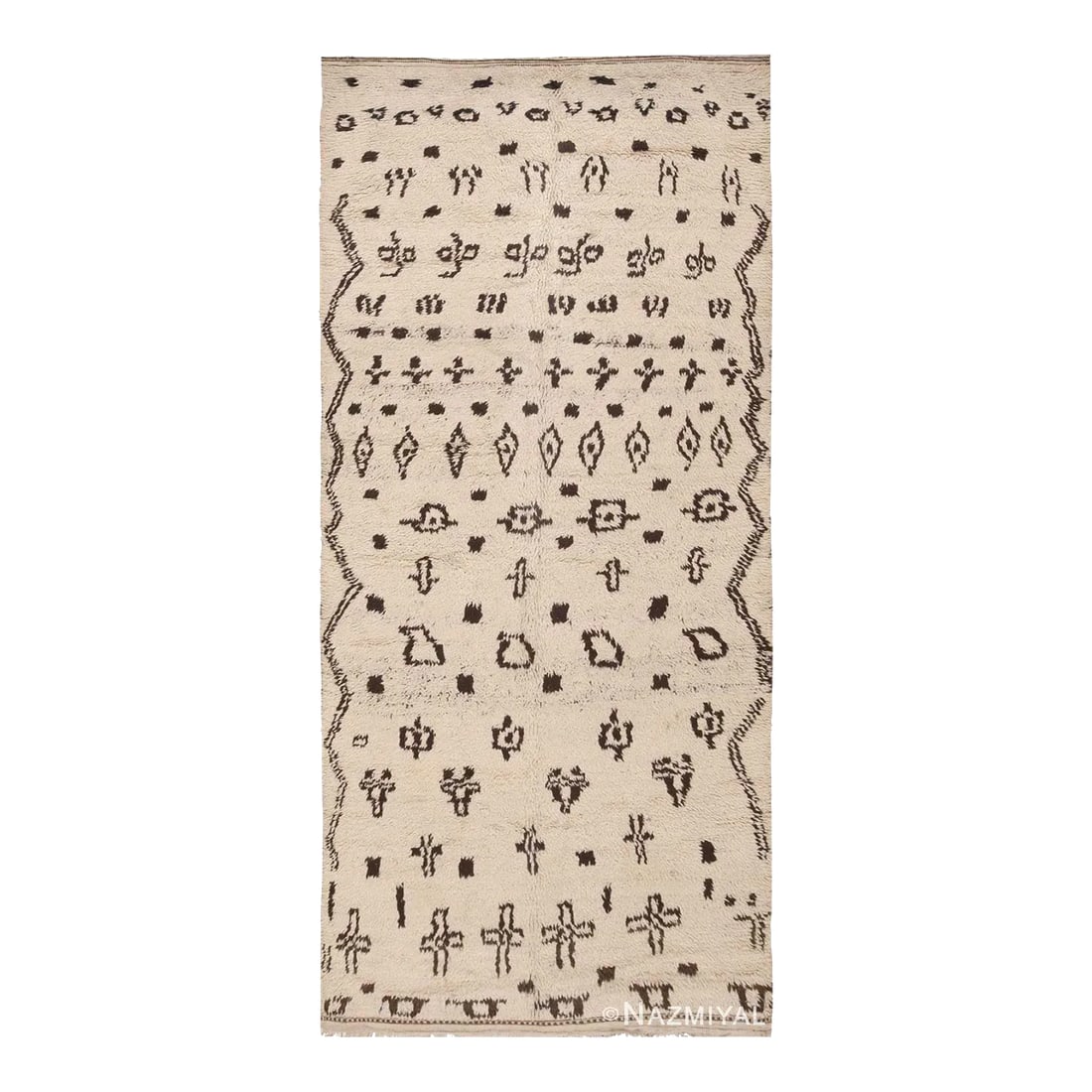 Nazmiyal Collection Vintage Tribal Beni Ourain Moroccan Rug: Cryptic symbols, geometric glyphs and carefully planned motifs dot this chic mid-century Moroccan rug illustrating the important design concept of infinite rapport. A Beautiful Vintage Beni Ourain Mor