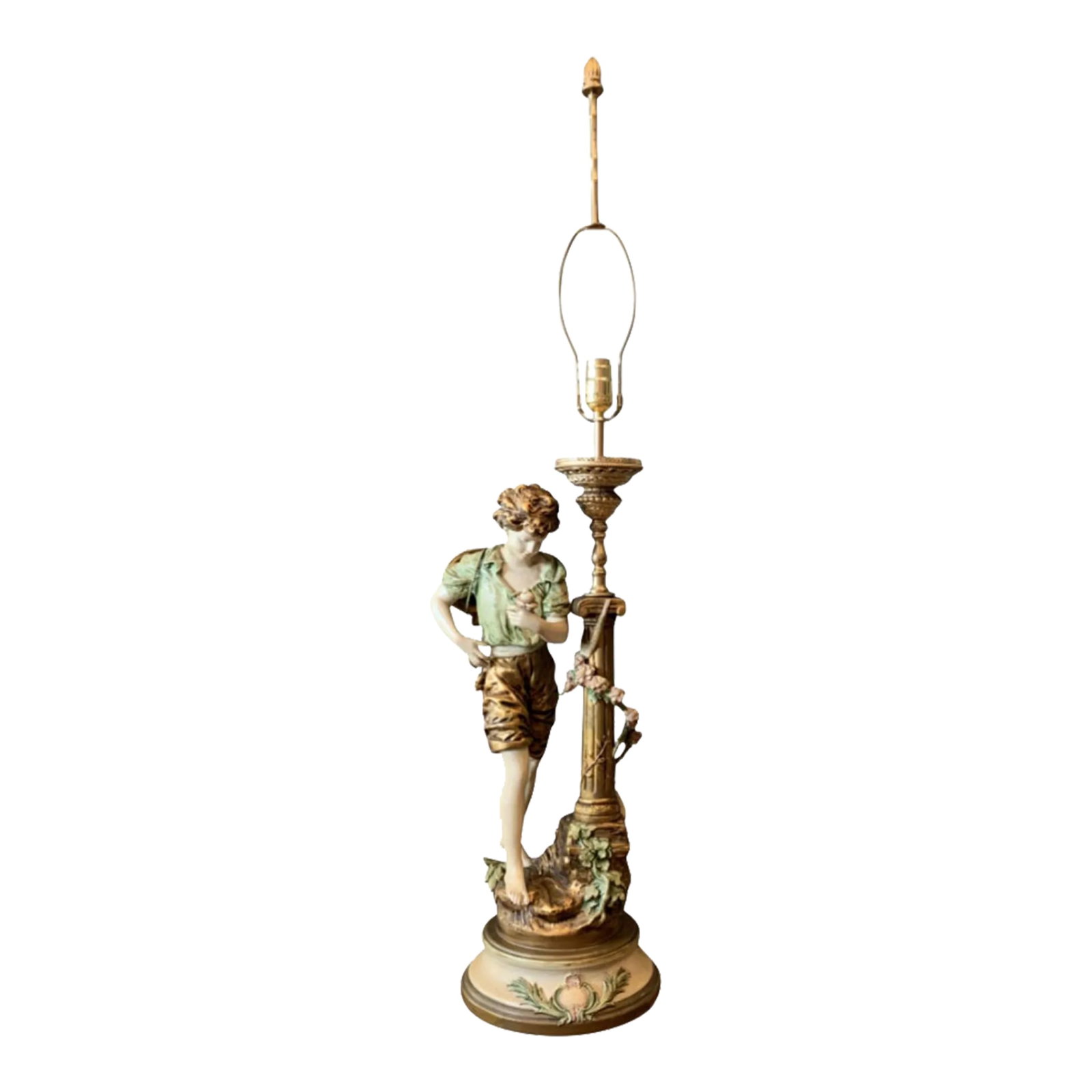 L & F Moreau J B Hirsh Table Lamp Spelter Sculpture of a Young Boy: This exquisite spelter lamp is a testament to the artistry of Louis and Francois Moreau, renowned siblings from Dijon, France. Louis, a master of bronze and metal sculptures, and Francois, a talented