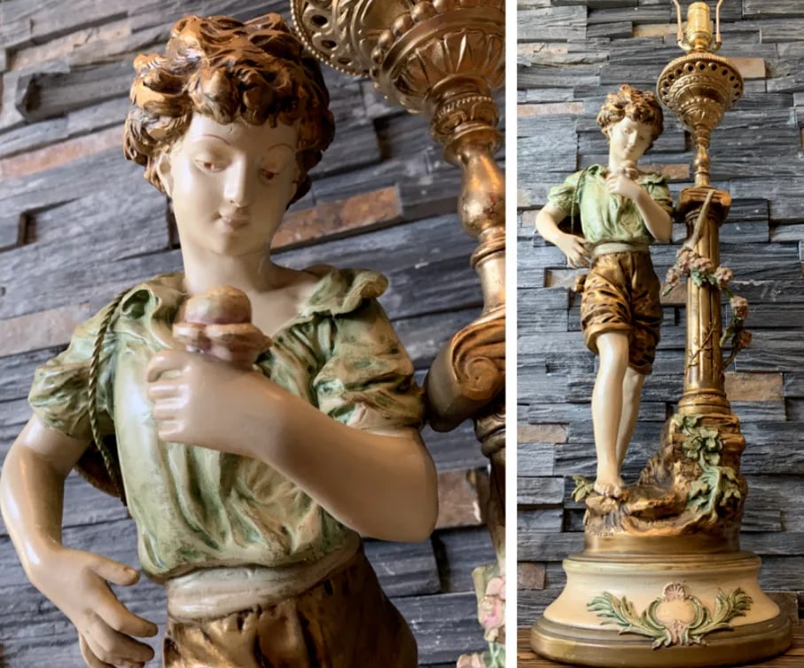 L & F Moreau J B Hirsh Table Lamp Spelter Sculpture of a Young Boy - 4