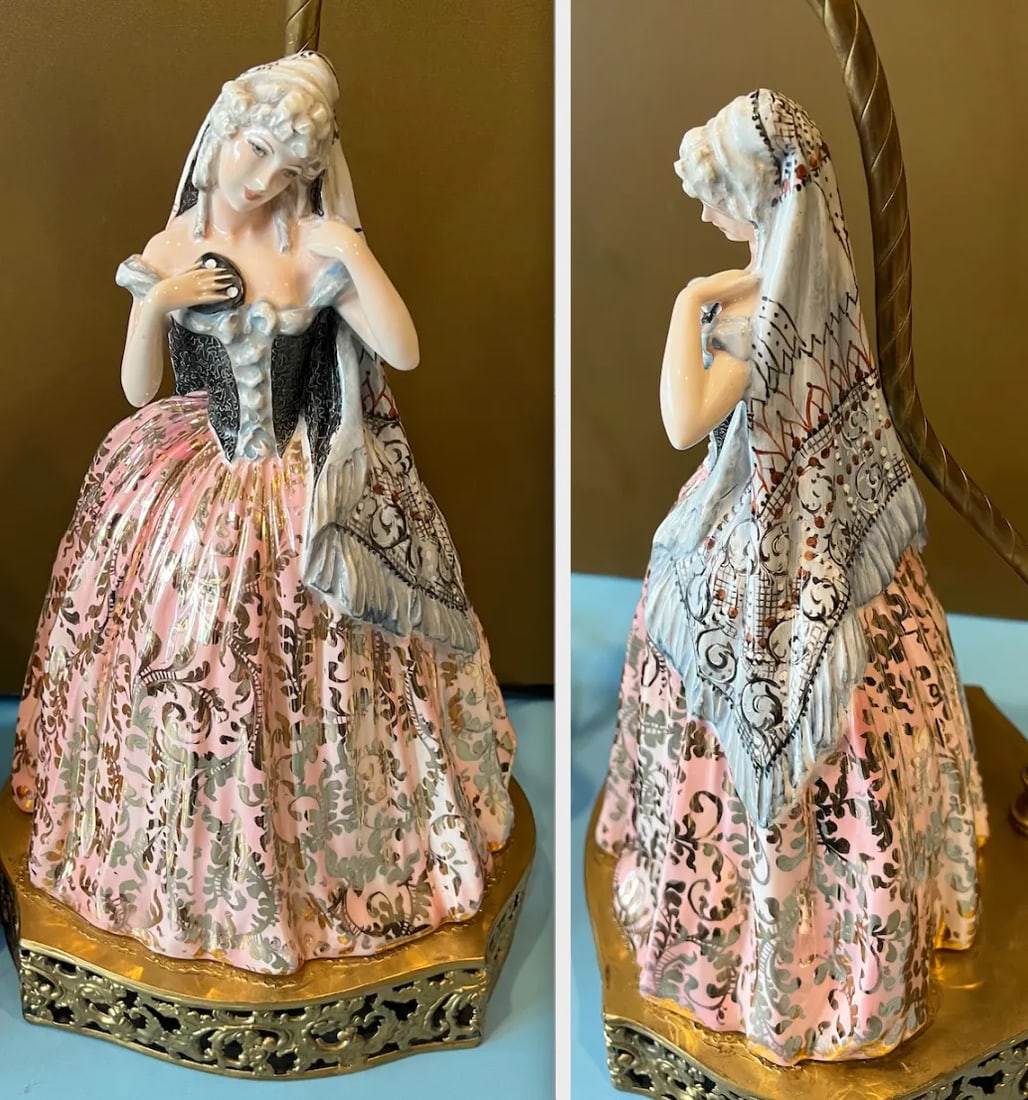 Antique Vicenzo Bertolotti Porcelain Table Lamps- Ladies a Pair - 10