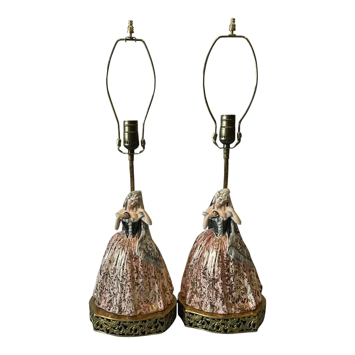 Antique Vicenzo Bertolotti Porcelain Table Lamps- Ladies a Pair: These exquisite antique porcelain lamps, crafted by the esteemed Vincenzo Bertolotti in Milan, Italy, exude an aura of refined elegance and timeless charm. Each lamp features a delicate portrait of a