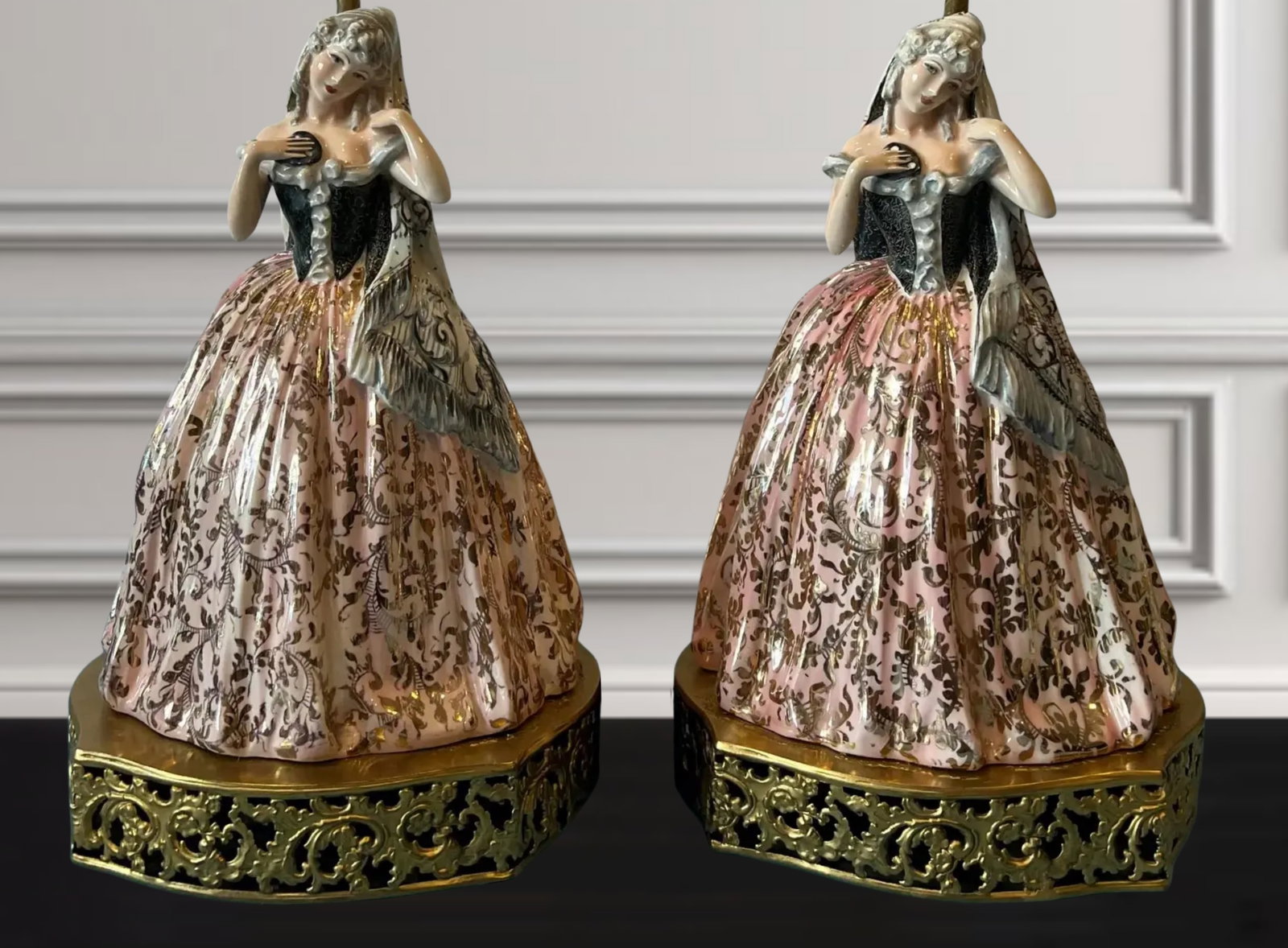 Antique Vicenzo Bertolotti Porcelain Table Lamps- Ladies a Pair - 3
