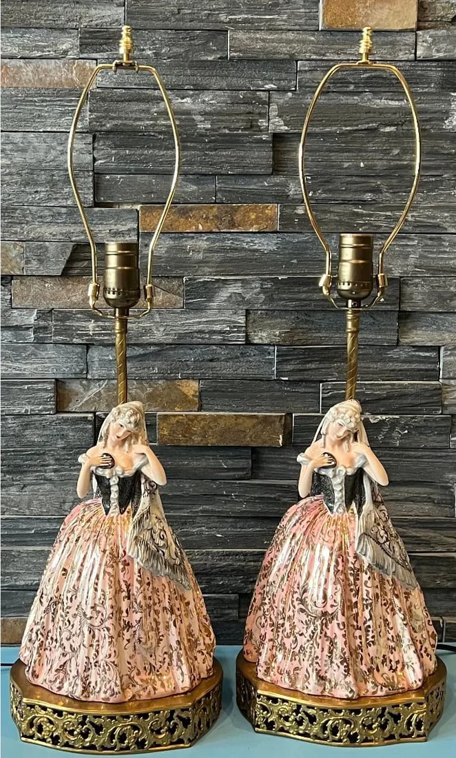 Antique Vicenzo Bertolotti Porcelain Table Lamps- Ladies a Pair - 5