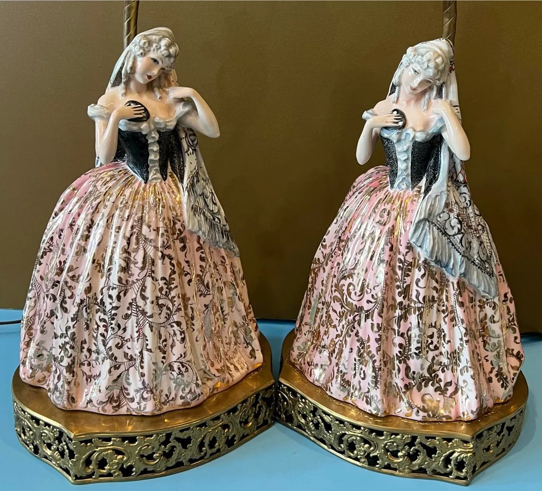 Antique Vicenzo Bertolotti Porcelain Table Lamps- Ladies a Pair - 8
