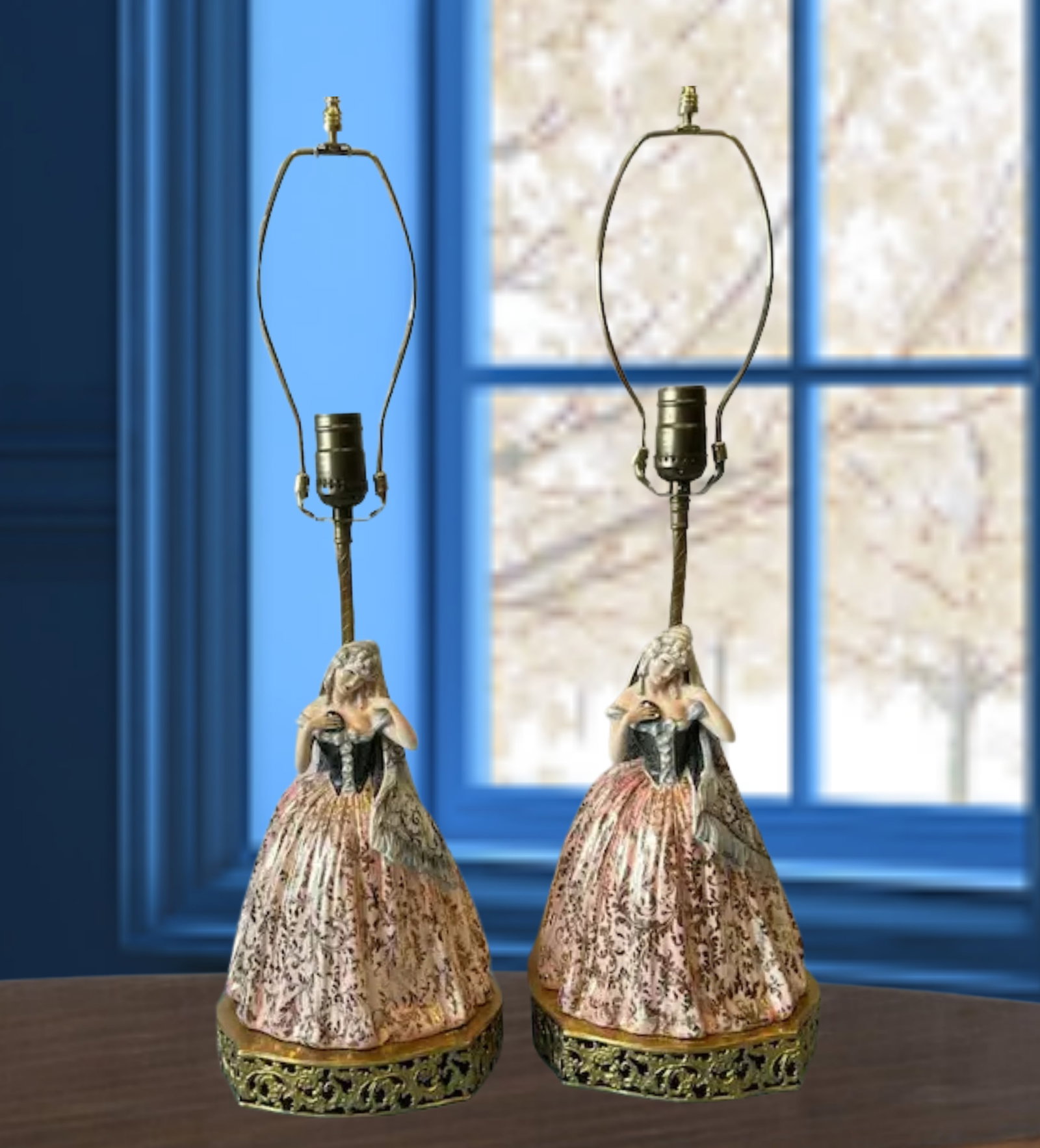 Antique Vicenzo Bertolotti Porcelain Table Lamps- Ladies a Pair - 9