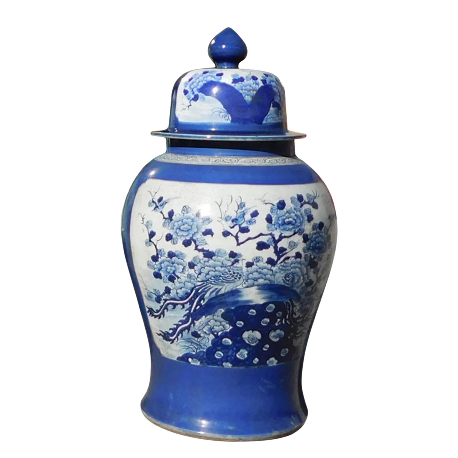 Chinese Handmade Blue & White Porcelain Flower Bird Large Temple Jar: This is a large size Blue & White porcelain temple jar. There is a dark blue rim frame design on the body. The theme is oriental flower scenery. Back and the front has a similar graphic design. It is