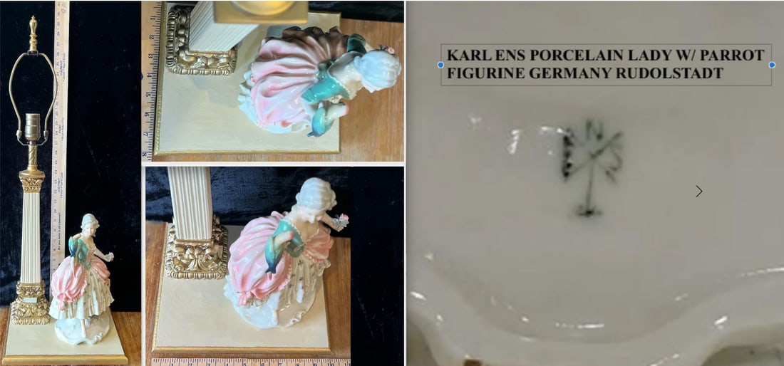 Antique Karl Ens Volkstedt Porcelain Lady Holding a Parrot Table Lamp - 12