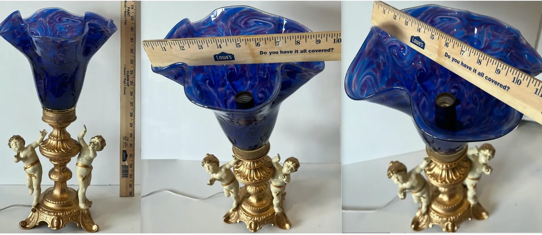 Vintage Cherub Blue Art Glass Torchiere Brass Table Lamp - 12